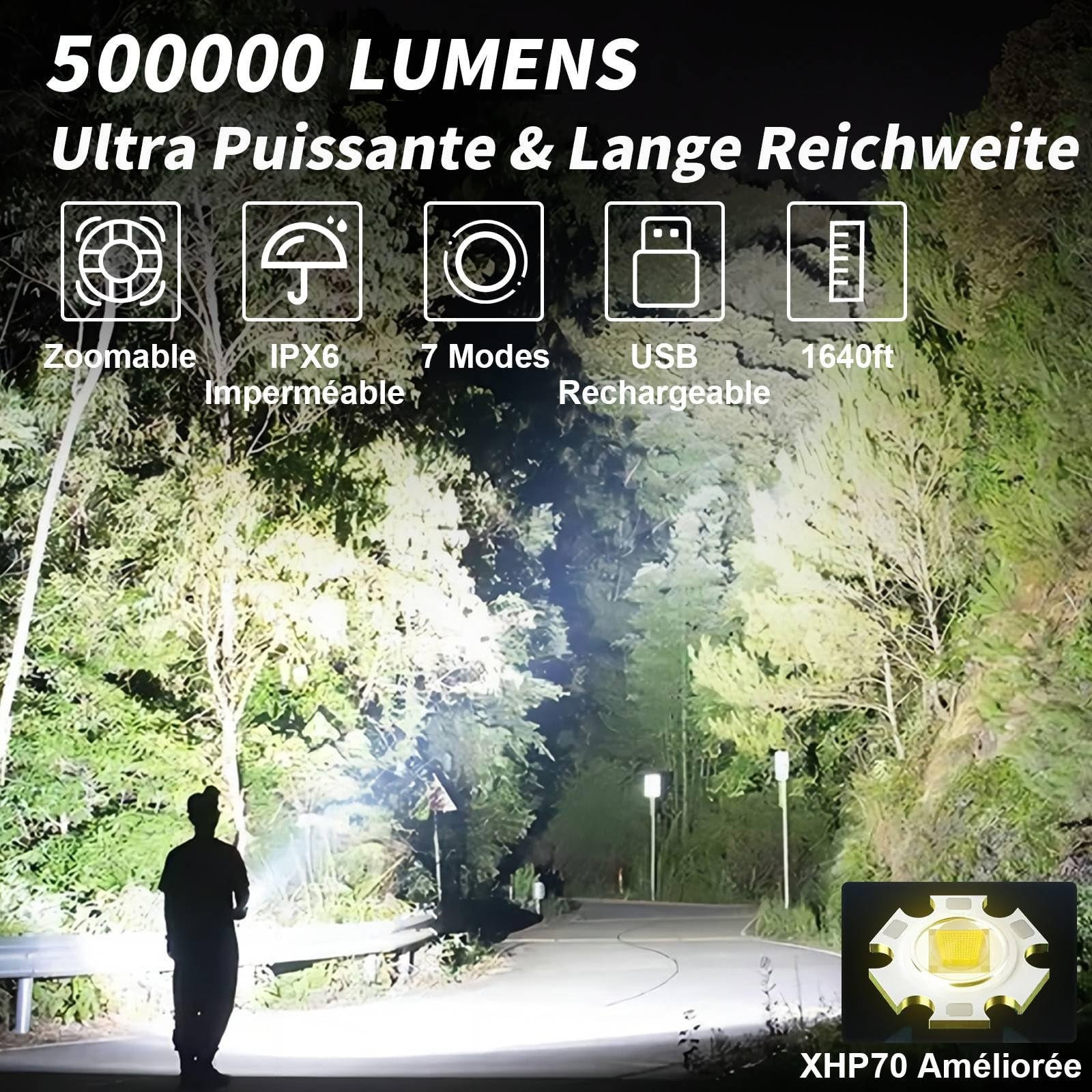 Lampe Torche LED Ultra Puissante - 500000 Lumens Lampe de Poche Rechargeable, Étanche IPX7, 7 Modes D'éclairage pour Camping, Randonnée et Urgences - 2