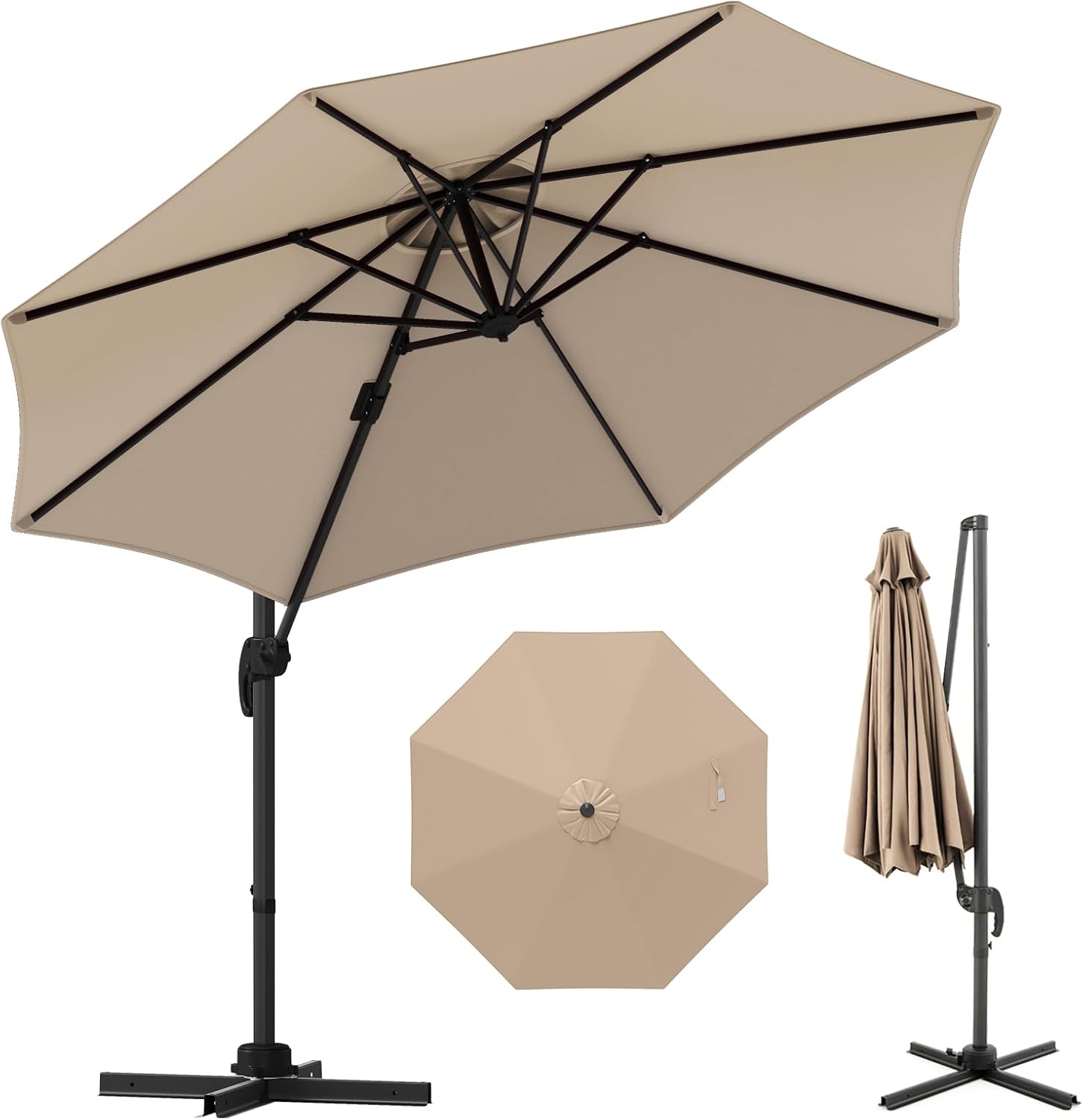 Parasol Deporte 3x3M, Parasol Ogrodowy Obracany o 360°, z Aluminiowym Słupkiem, 5 Regulowanych Kątów Nachylenia (Beżowy)