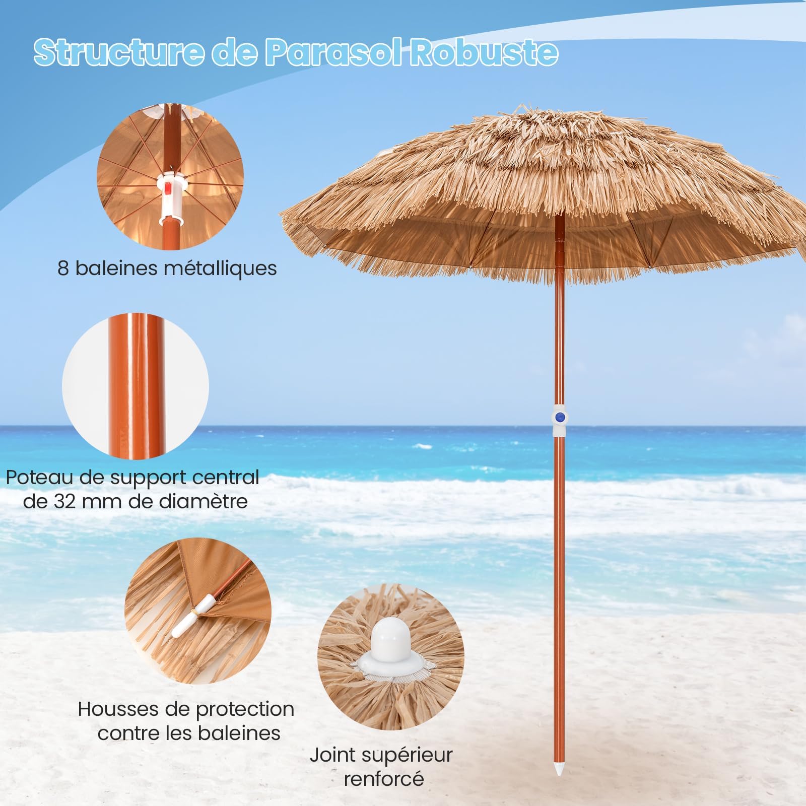 Guarda-sol de Jardin Ø175CM em Paille PE, Guarda-sol de Plage em Chaume Estilo Havaiano Inclinável 40° 8 Baleines Hauteur Réglable, Sac de Transport - 6