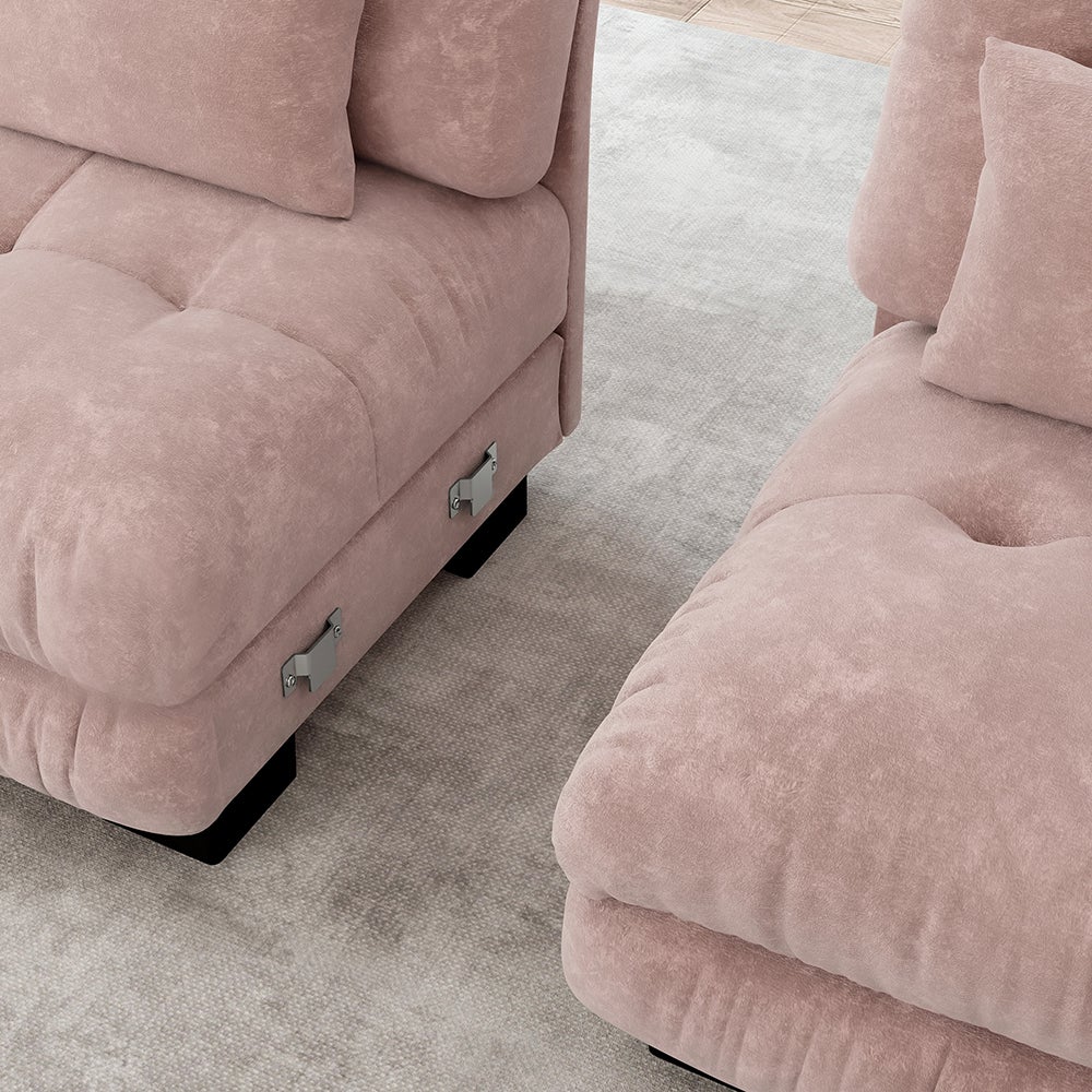 Canapé d'angle Cloud double chenille, 2 coussins lombaires + 2 décoratifs, structure bois, rose. - 6