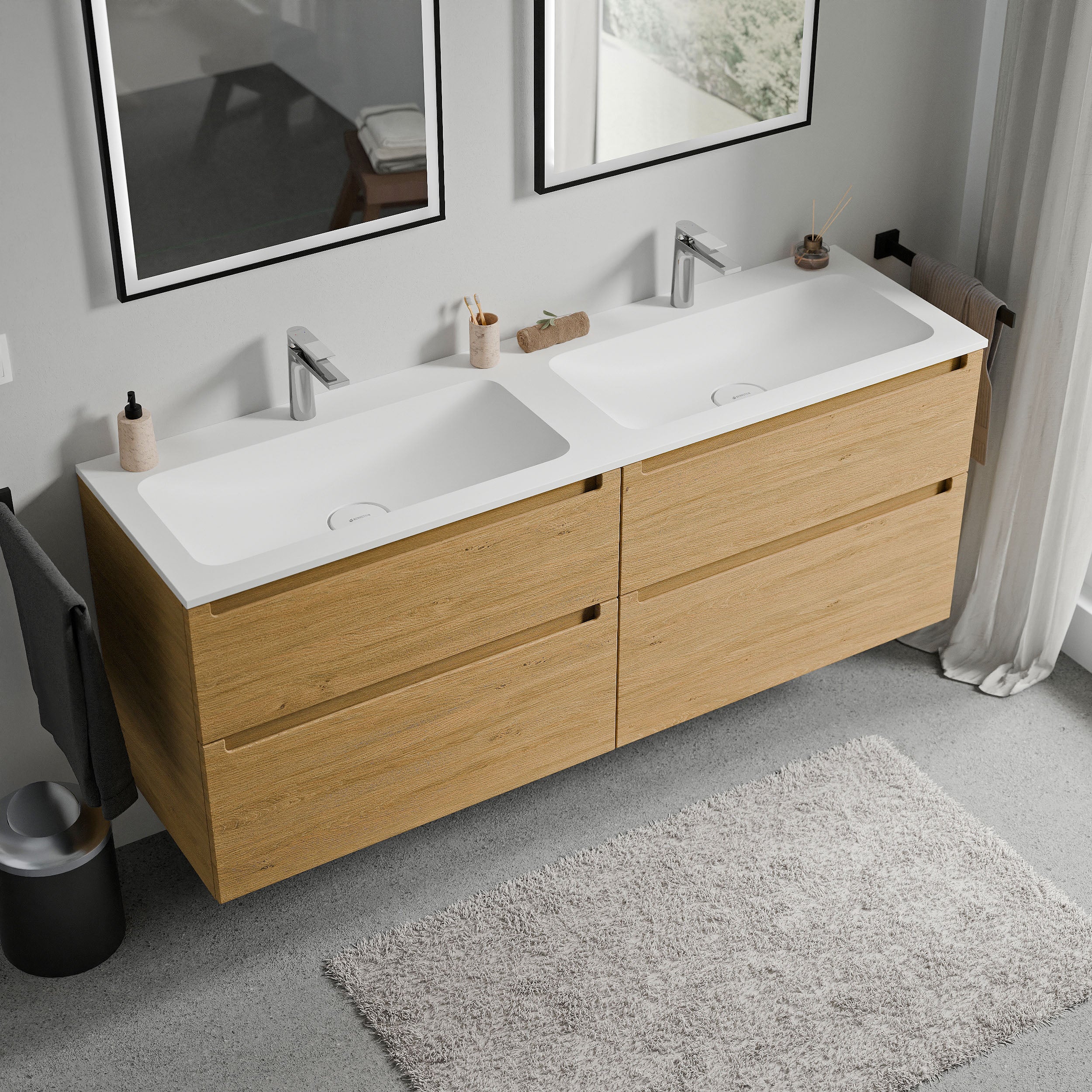 BERNSTEIN - Meuble double vasque suspendu MDF Chêne miel, lavabos fonte Blanc mat + trous robinet, tiroirs pivotants - 160x46x62cm - VIREO - 2