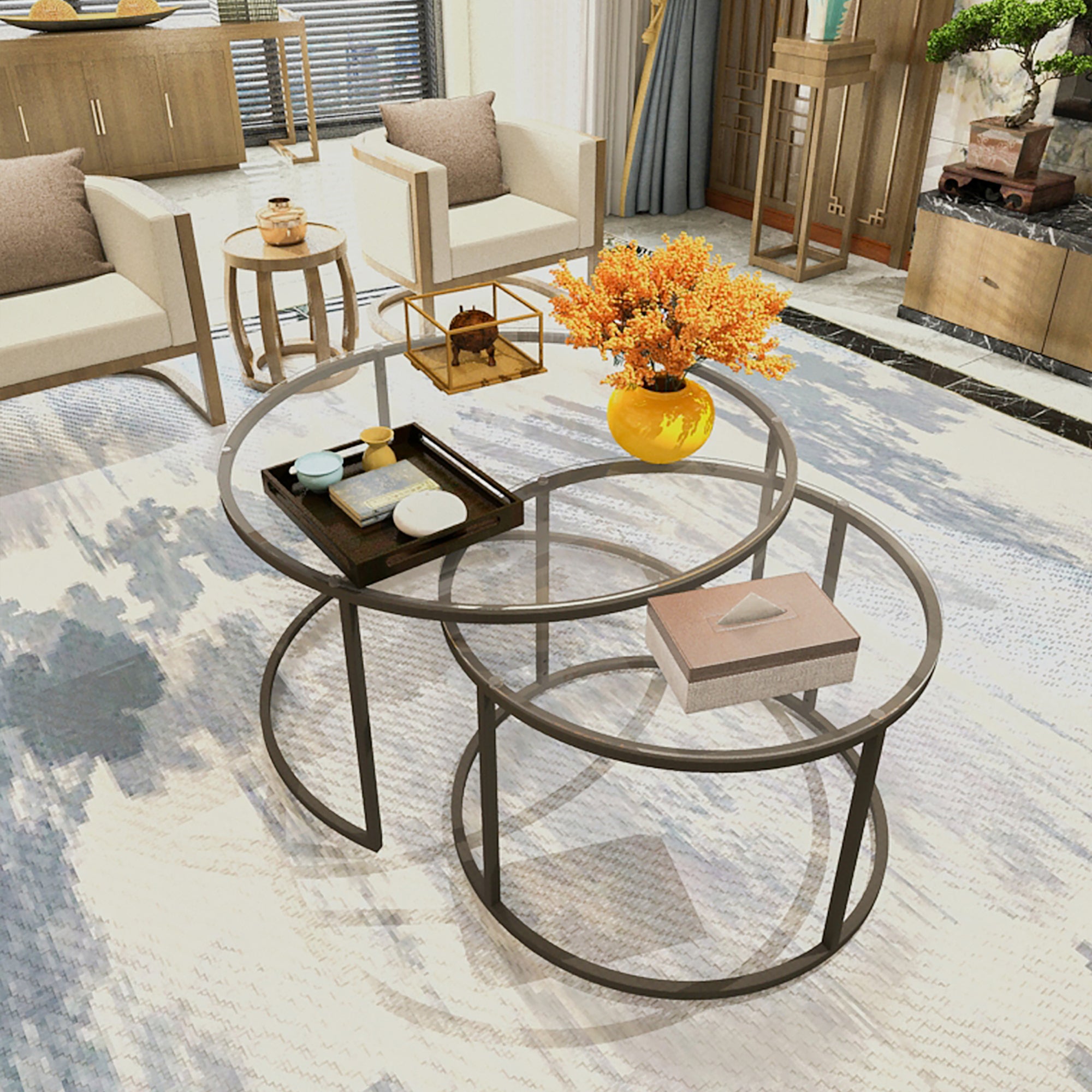 Set de 2 mesas de centro nido Kokkola Metal/Vidrio templado Ø80x45 cm Negro Transparente [en.casa] - 3