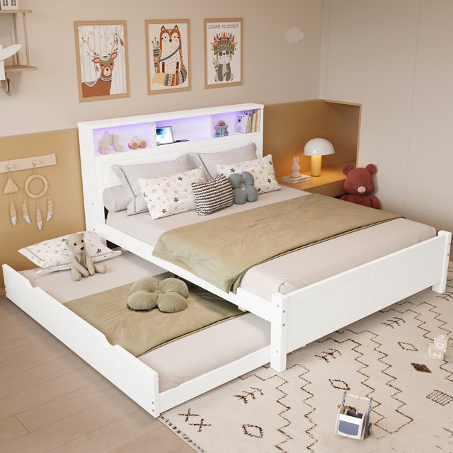 Cama nido 120x200 cm + 90x190 cm con cabecero y almacenaje - Toma de corriente - Pino + MDF - Blanco (sin colchón)