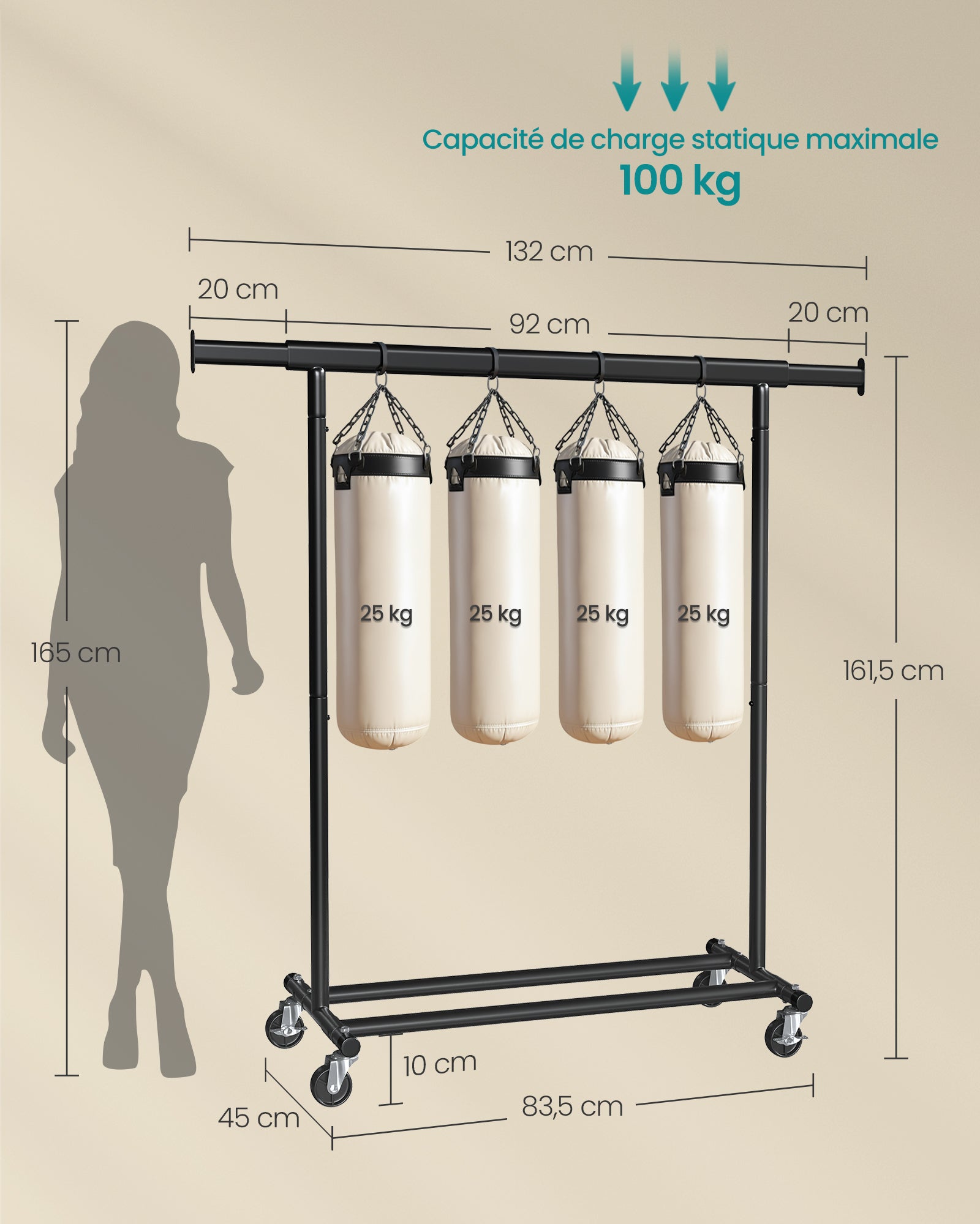 SONGMICS Portant à Vêtements avec roulettes, Tringle Extensible pour Charge Lourde, Porte-Manteau, Rangement Vêtement, Capacité de Charge 100 kg, Noir - 5