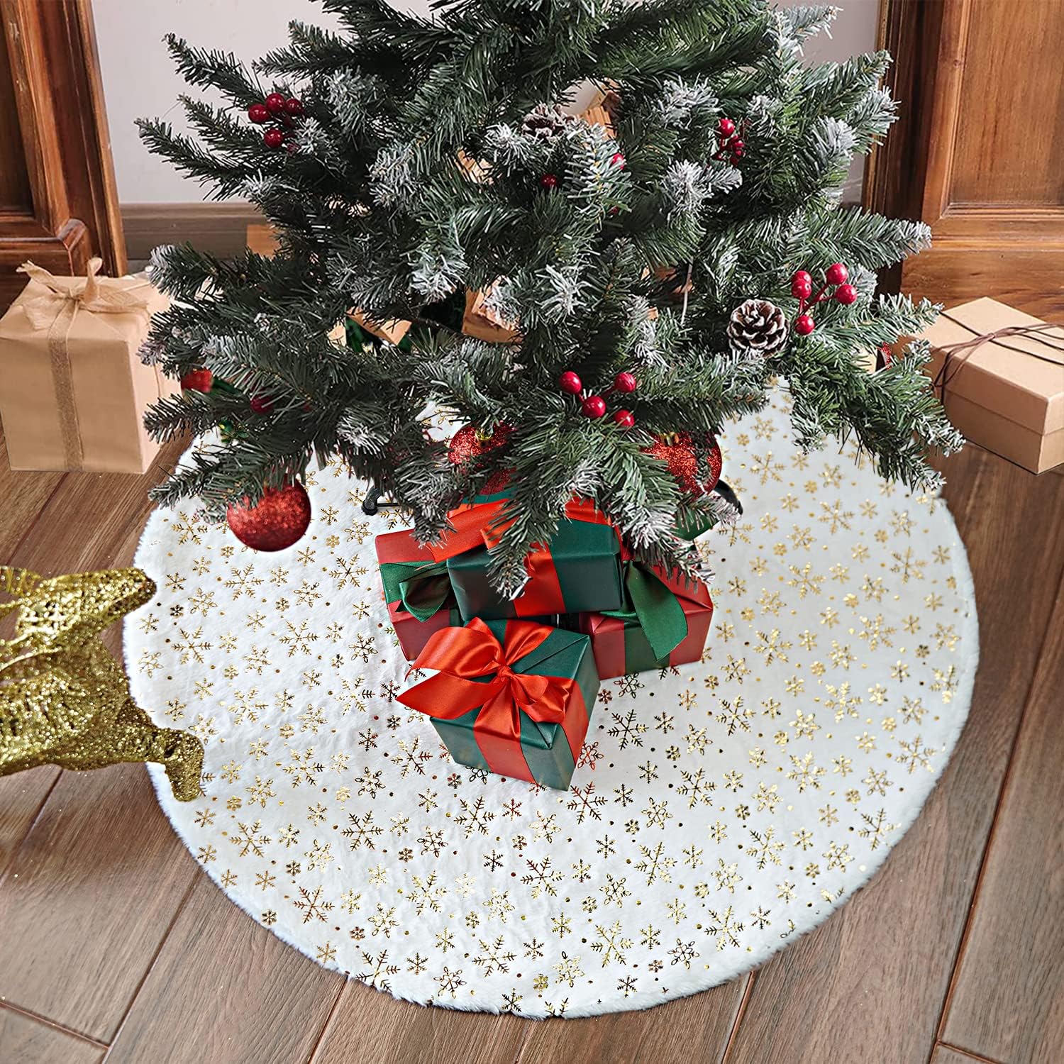 Saia para árvore de Natal, base para árvore de Natal, tapete para árvore de Natal, lantejoulas douradas em forma de floco de neve (branco, 78 cm) - 8