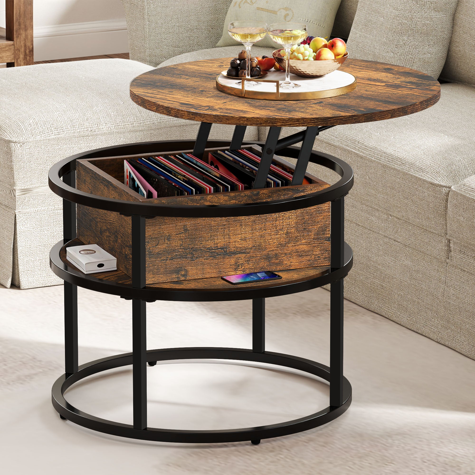 Balconera Table Basse Plateau Relevable-60x60x47cm-Marron - 2