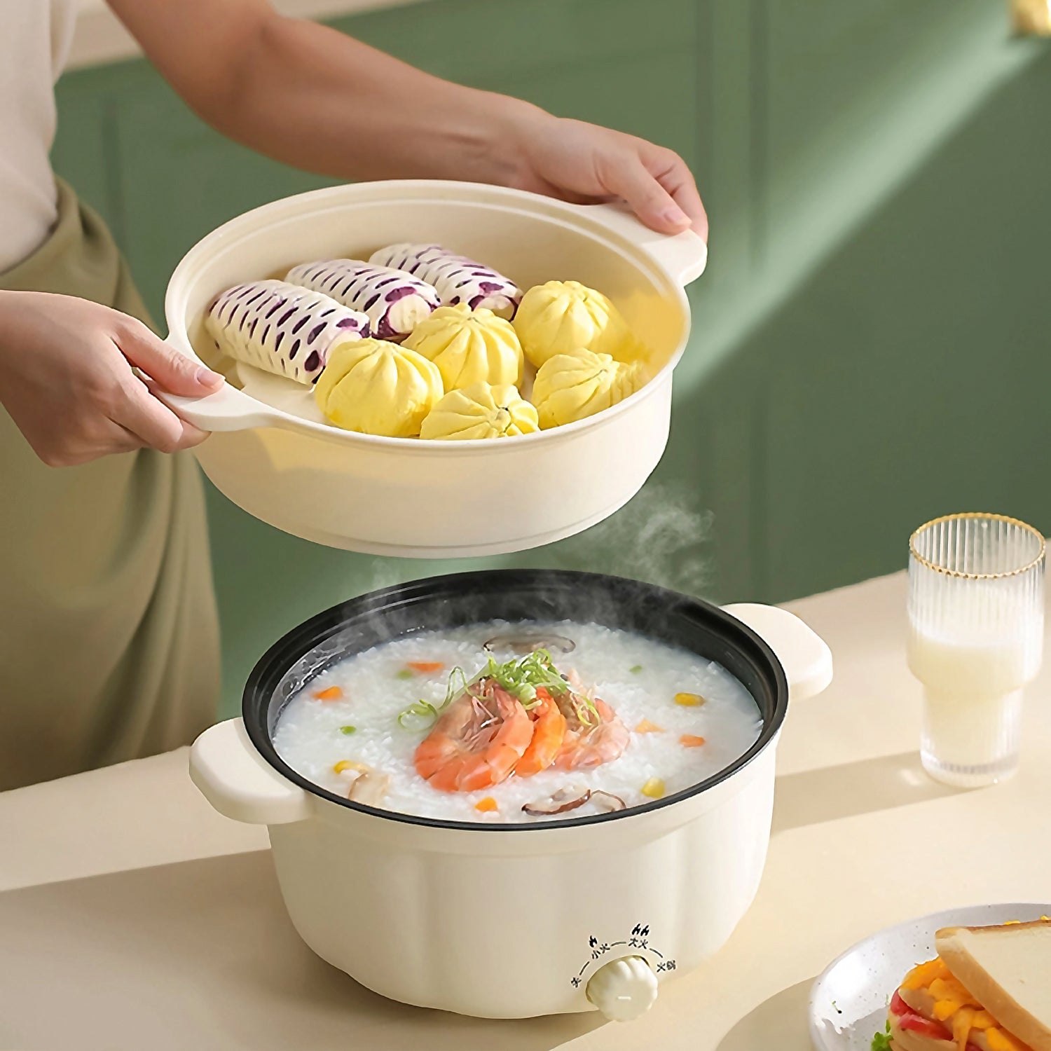 Dam  Olla Eléctrica Vaporera Multifunción. Tres Temperaturas, 2.5L Doble Nivel. Hot Pot, Salteado, Cocina Al Vapor, Etc. 28,5X22x23 Cm. Color: Blanco , Leroy Merlin