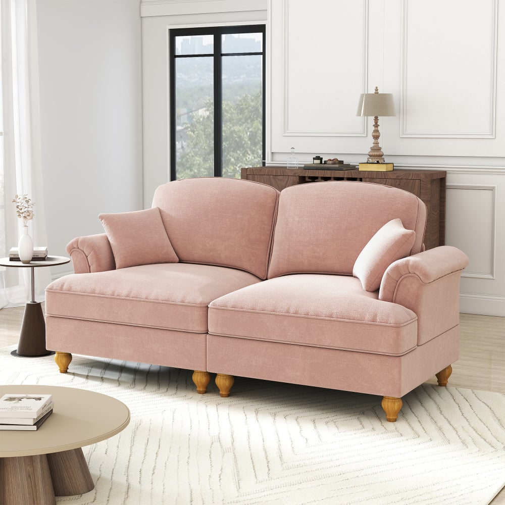 Sofa z połowy XX wieku, 2-osobowa, duża, z tkaniny szenilowej, z rozszerzanymi podłokietnikami, różowa