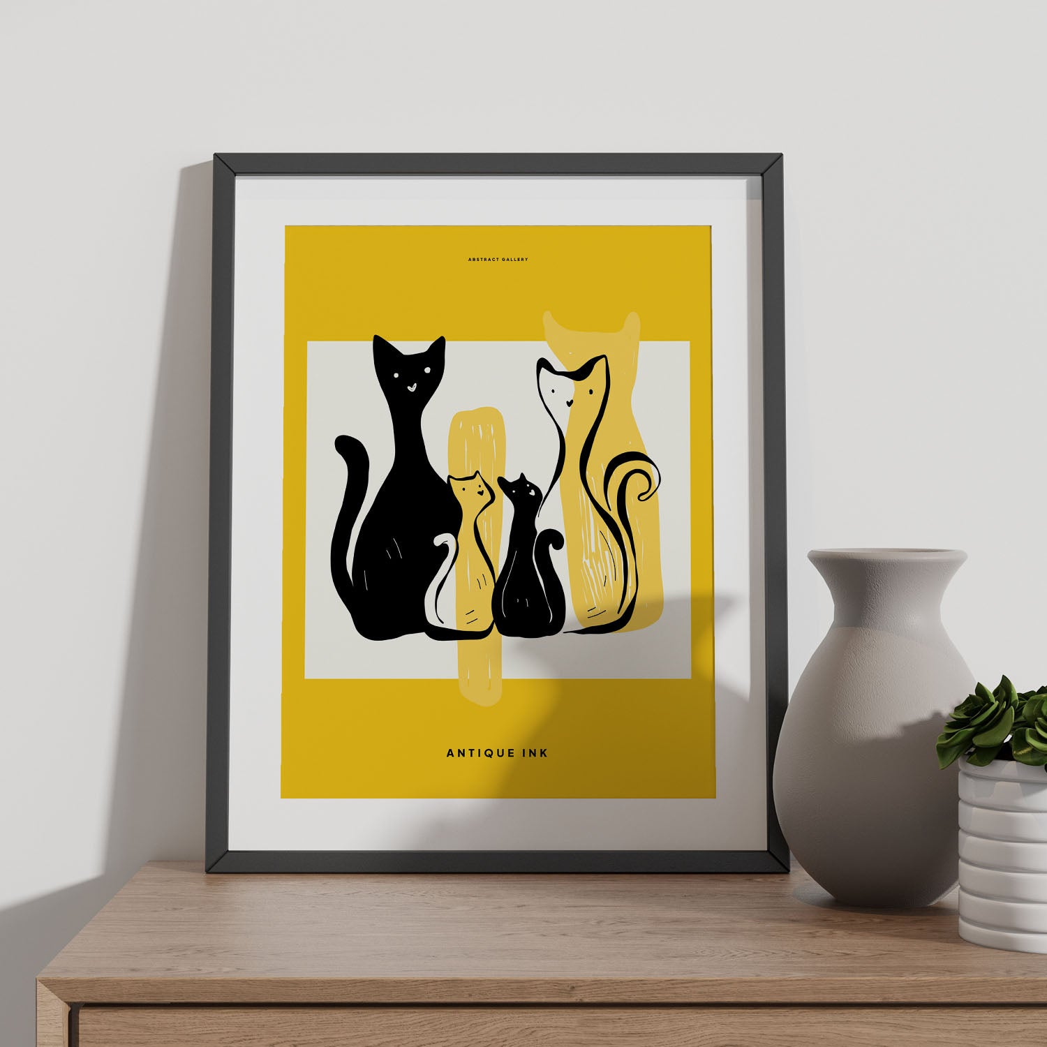 Póster pop art abstracto. gato familiar ilustraciones artísticas modernas para la decoración de interiores. marco blanco a3