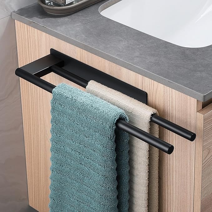 Podwójny wieszak na ręczniki ze stali nierdzewnej bez wiercenia, samoprzylepny, dwuramienny, ścienny wieszak na ręczniki do łazienki, czarny