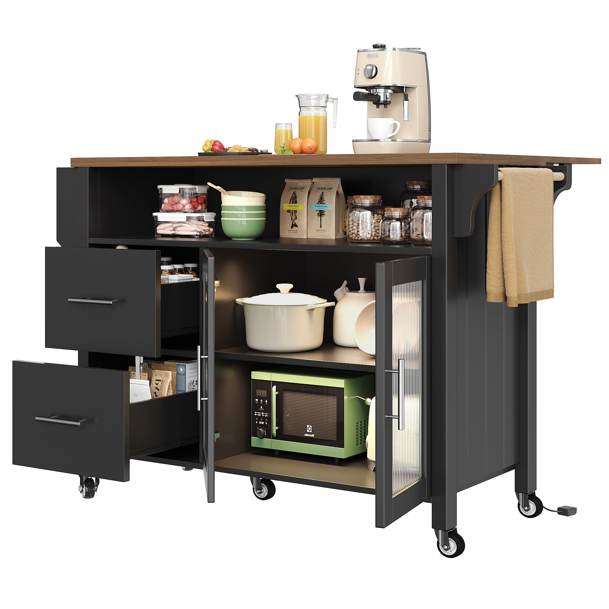 Isla de cocina móvil - encimera extensible - con LED - 2 cajones y 2 puertas - con toallero - MDF - negro + natural - 4