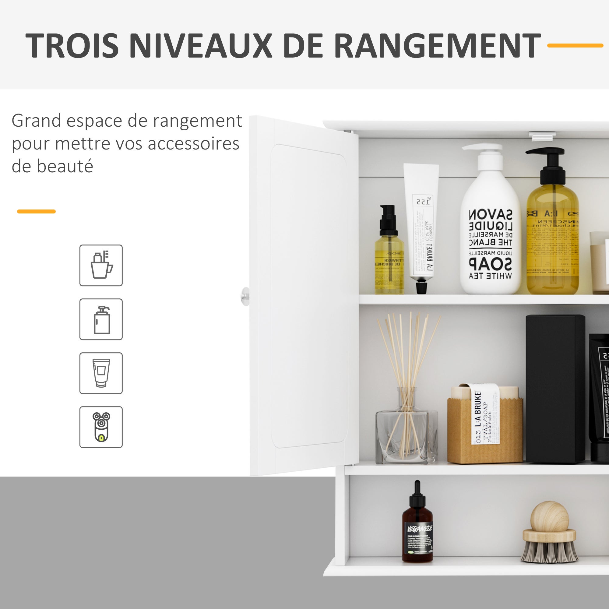 Armoire de salle de bain murale avec miroir, porte, organiseur et étagères de rangement,meuble de salle de bain, blanc - 4