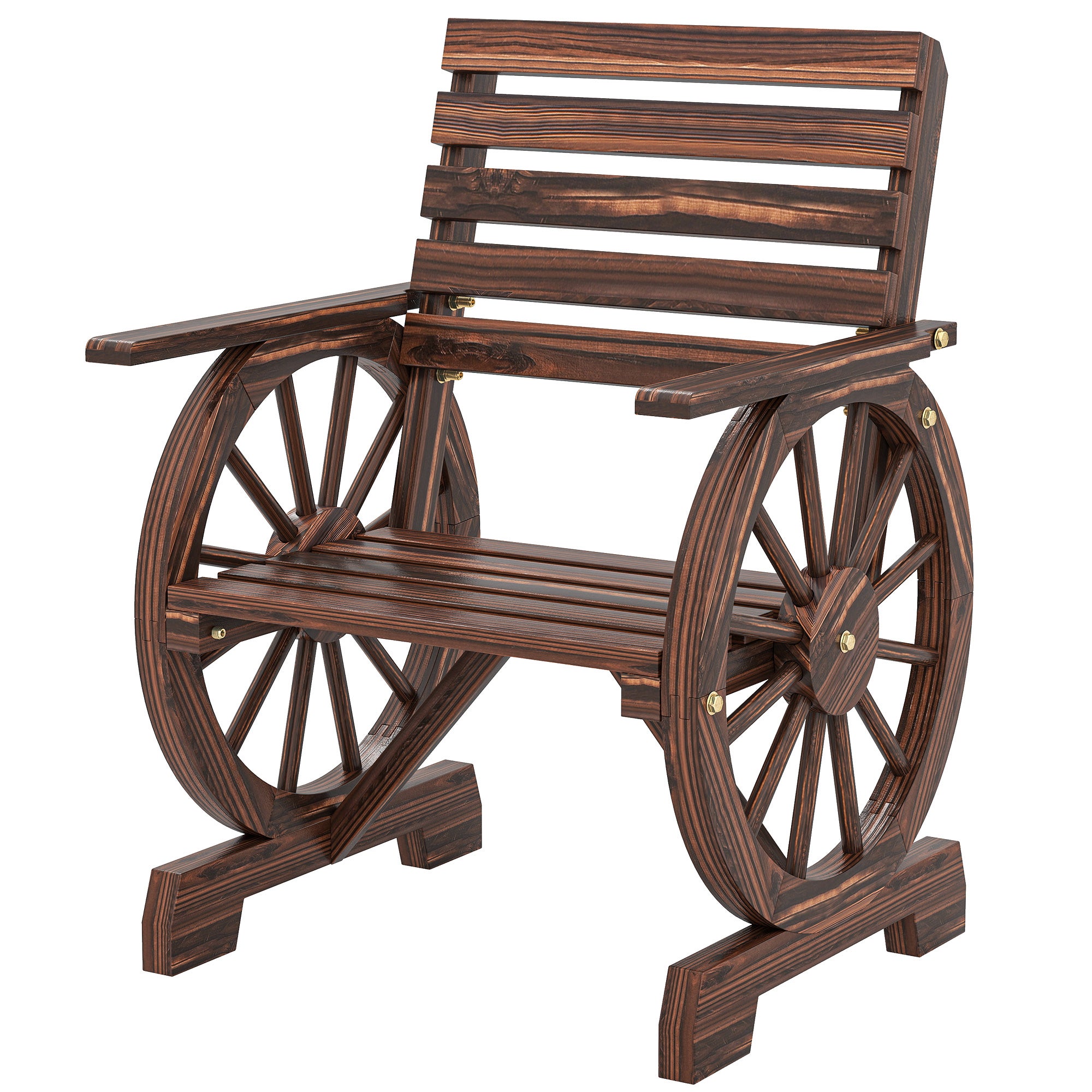 Chaise de jardin en bois, style roue de chariot, assise large à lattes, dossier incliné, 66 x 55 x 90 cm, finition carbonisée - 2