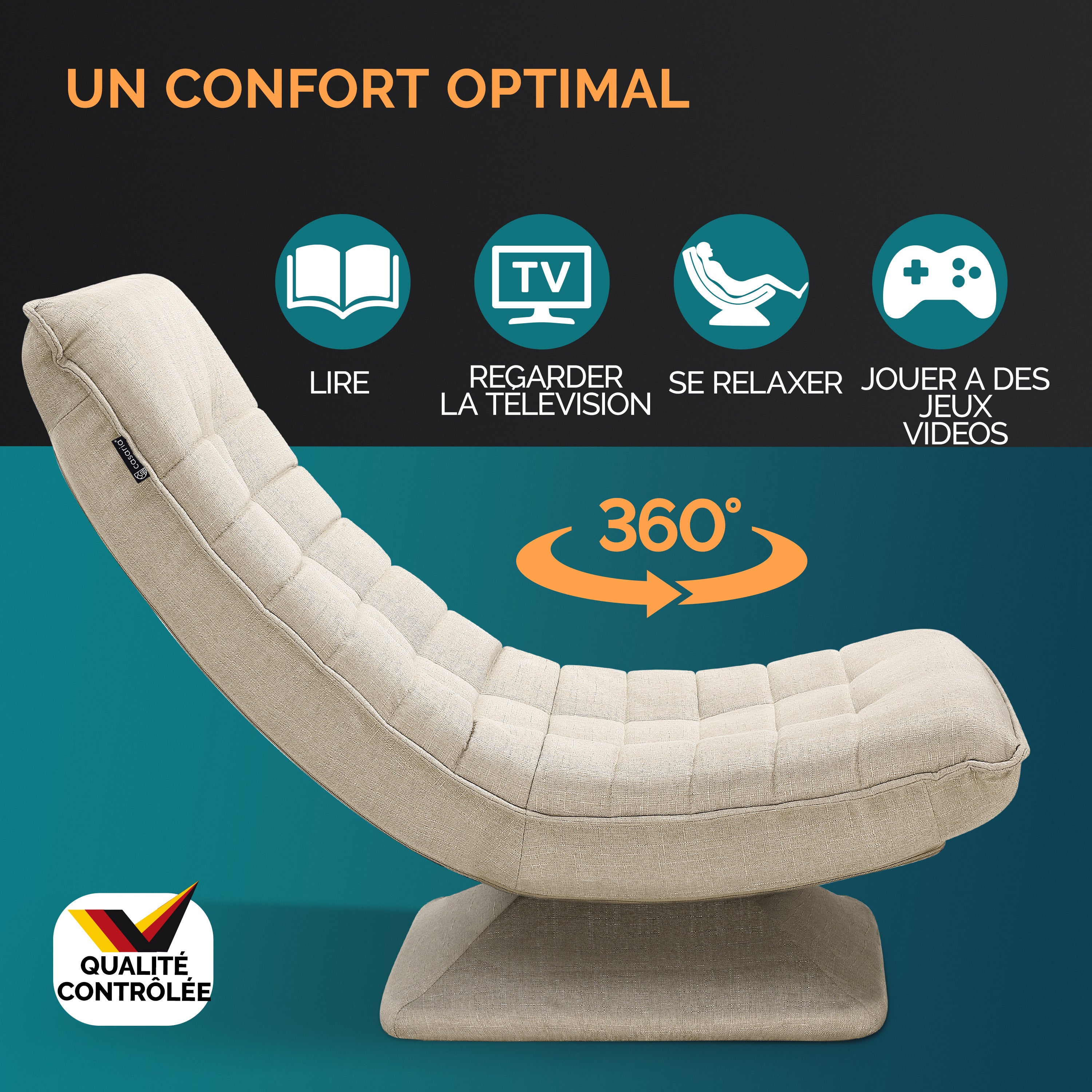CASARIA® Fauteuil tout confort pivotant à 360° Crème capacité de charge de 150kg siège de gaming 58x57x84/87cm relaxation - 3