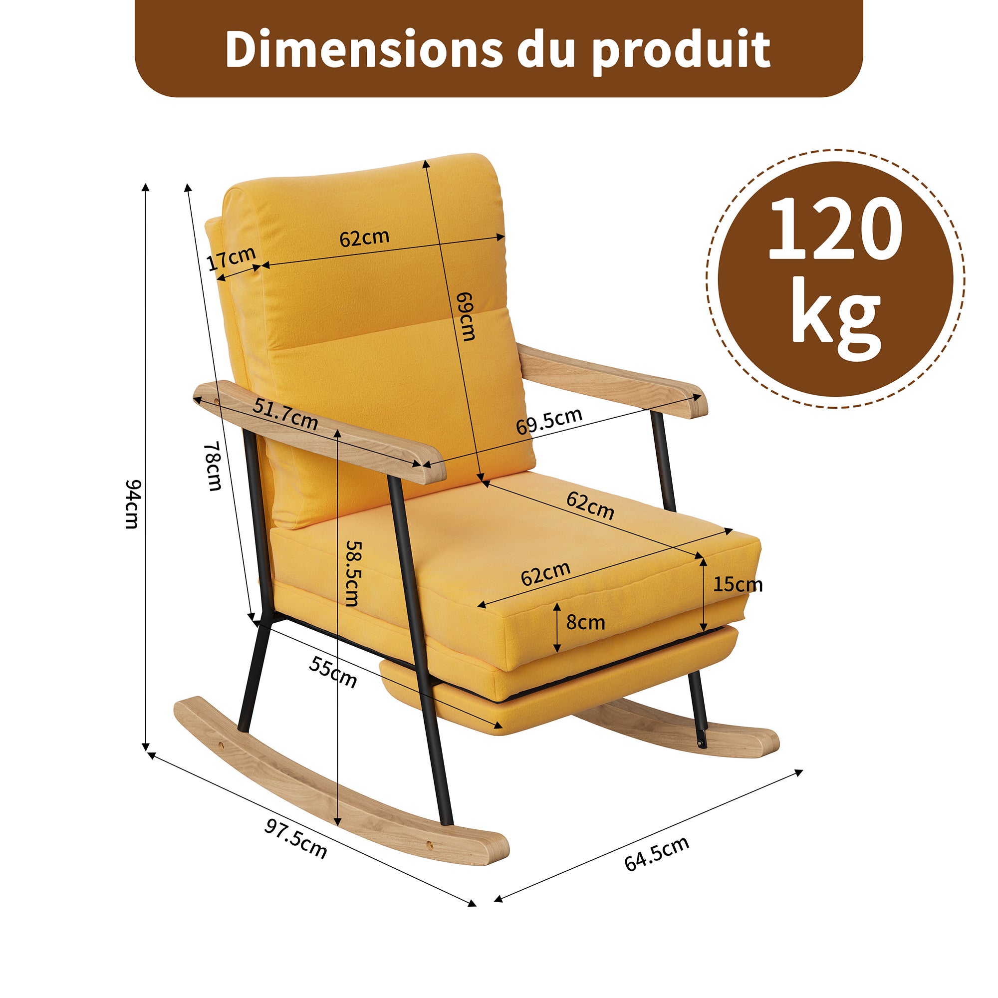 Fauteuil à Bascule, COZY, Symbiose entre Design Naturel et Confort Ergonomique, Fauteuil à bascule avec repose-pieds, Lin Jaune - 7