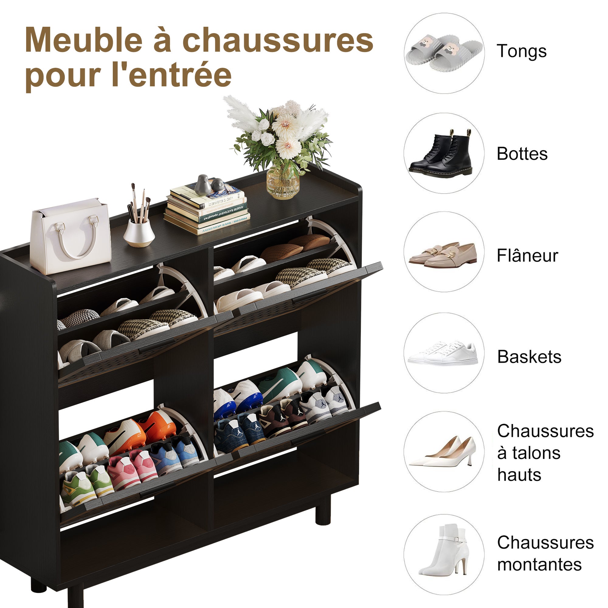 Meuble à Chaussures, Armoire à Chaussures Entree avec 4 Porte en Rotin, Meuble de Rangement à Chaussures Armoire pour Entrée, Couloir et Chambre, Nior - 4