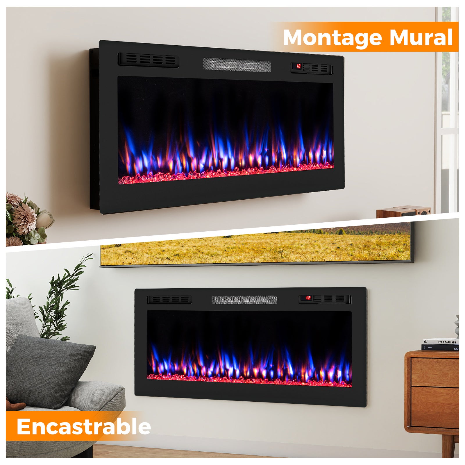 Cheminée Électrique Encastrable/Mural 106,5 CM, Cheminée Chauffage 750W/1500W avec Alexa et Google Assistant, 12 Couleurs & 5 Luminosités, Minuterie - 5