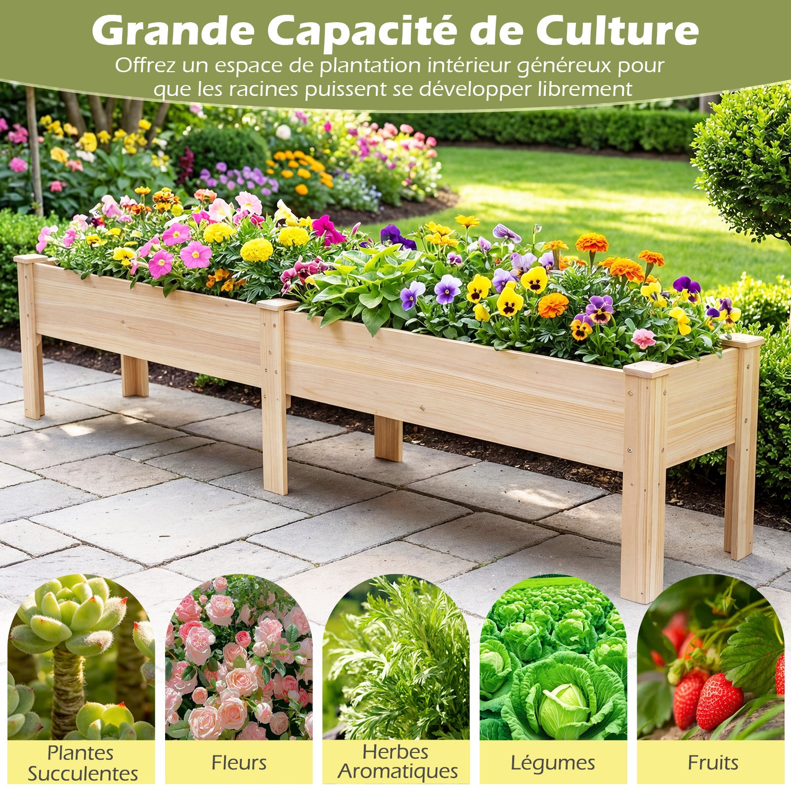 Jardinière avec 2 Zones de Culture, Bac à Fleur Surélevé en Bois de Sapin Plateaux Amovibles Séparation Trou de Drainage, 240 x 43,5 x 51,5CM, Naturel - 5
