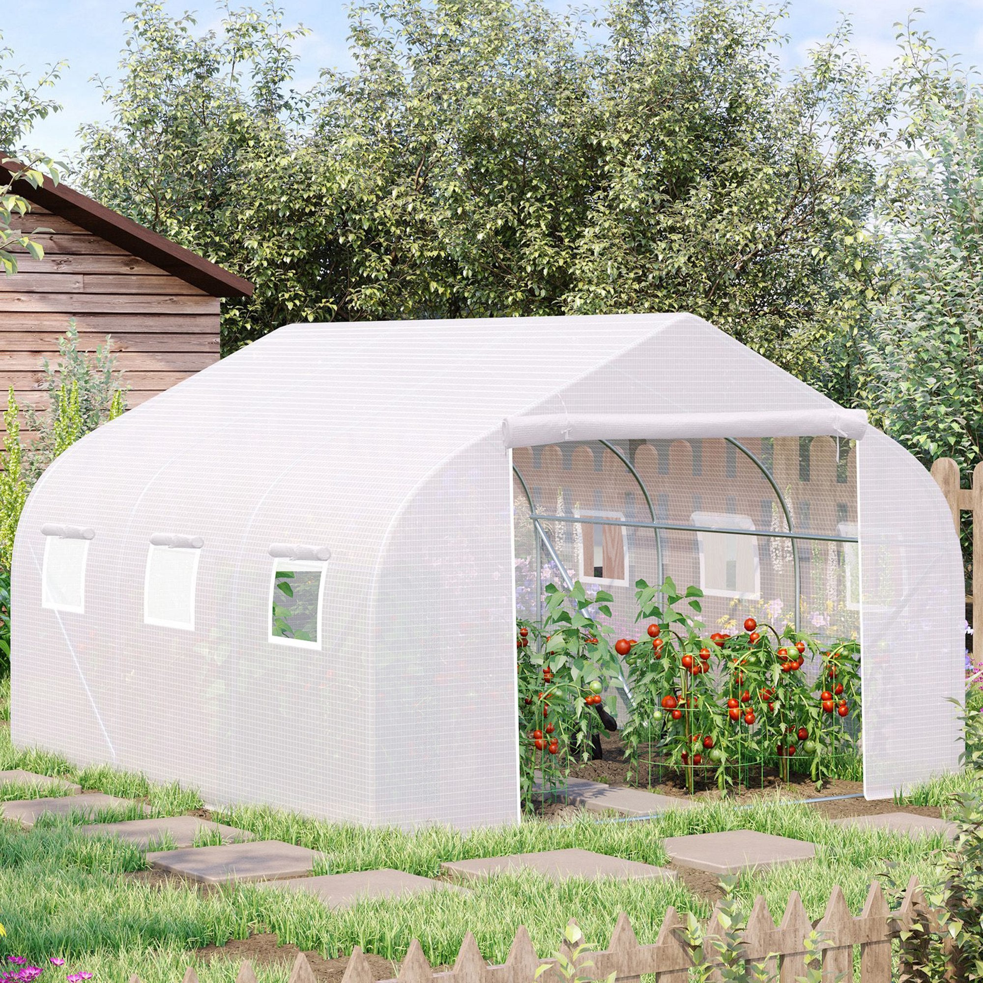 Serre Tunnel de Jardin 10,5 m² dim. 3,5Lx3lx2H m Porte + 6 fenêtres enroulables Acier galvanisé bâche PE Haute densité Blanc - 3