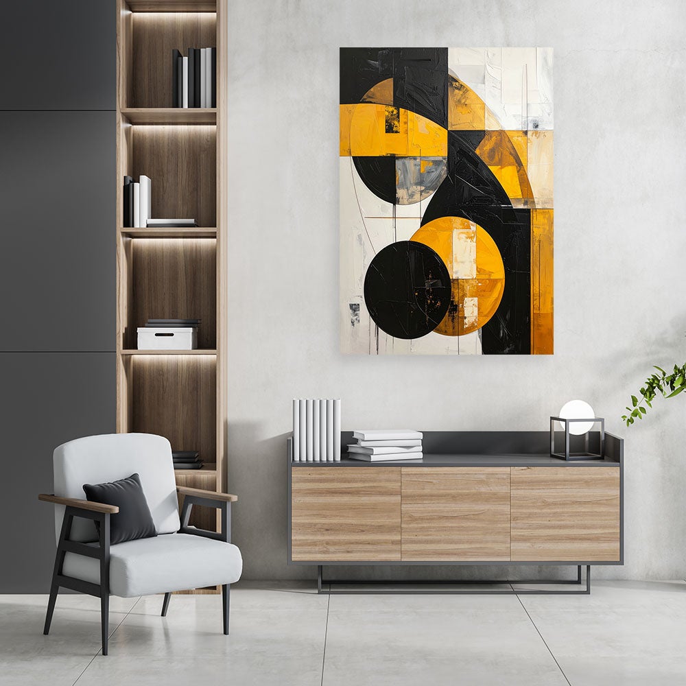 Obraz do salonu sypialni biura loftu, Geometryczna imitacja tekstury zółty czarny 80x120 - 2