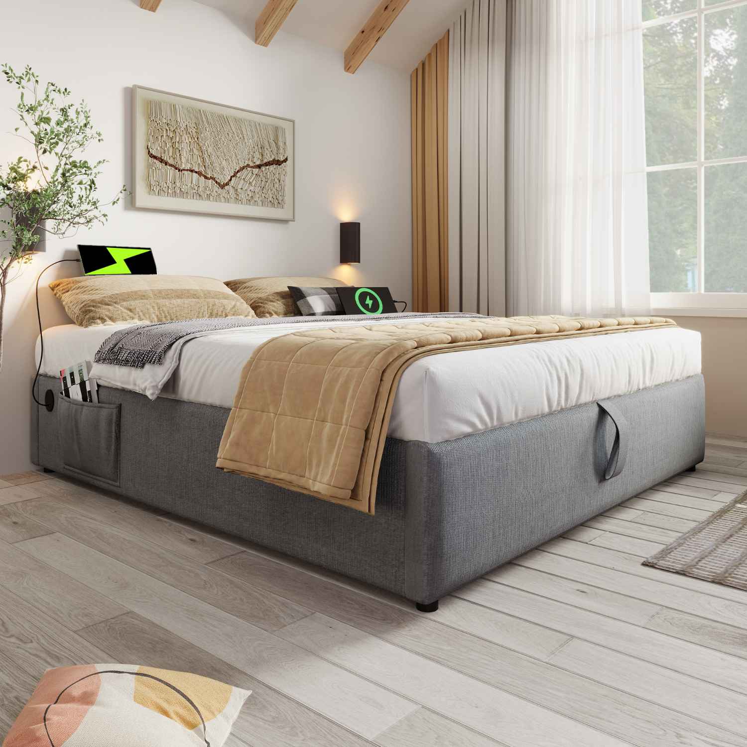Łóżko Tapicerowane Pojedyncze 160x200 cm z USB-C, Hydrauliczny Schowek, Stelaż na Listwach, Len, Szare – Rama Bez Zagłówka