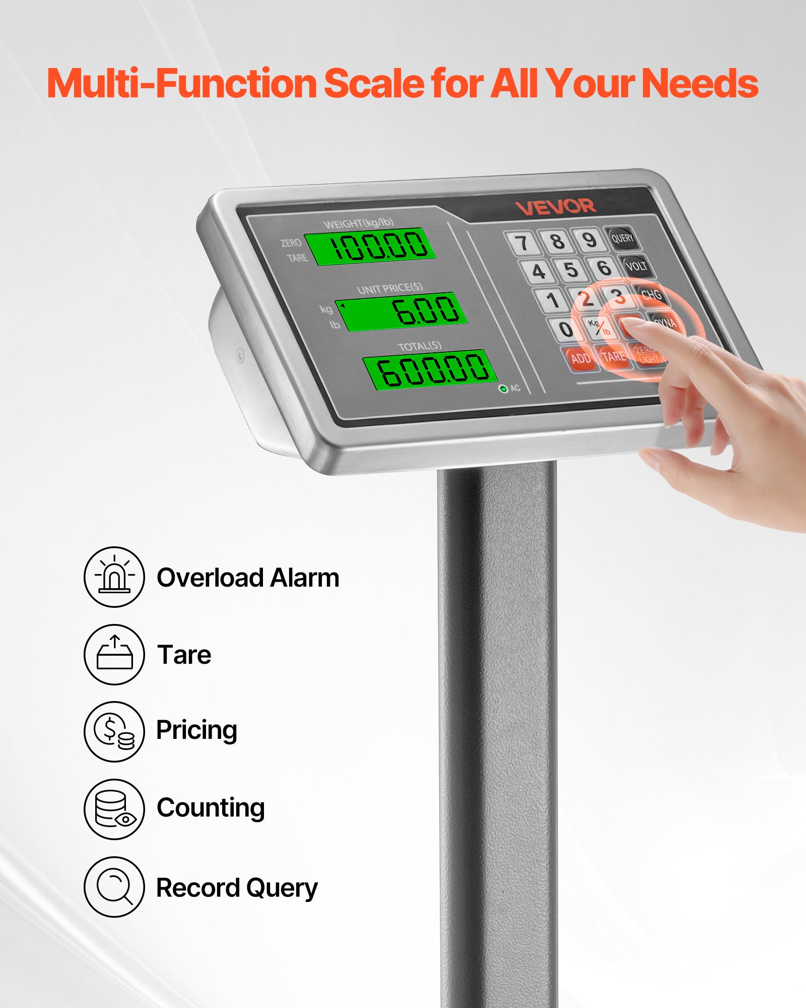 Balance Plateforme Professionnelle VEVOR 300 kg, Haute Précision 50 g, Fonction Tare, Alimentation CA/CC, Balance Expédition pour Bagages Colis - 6