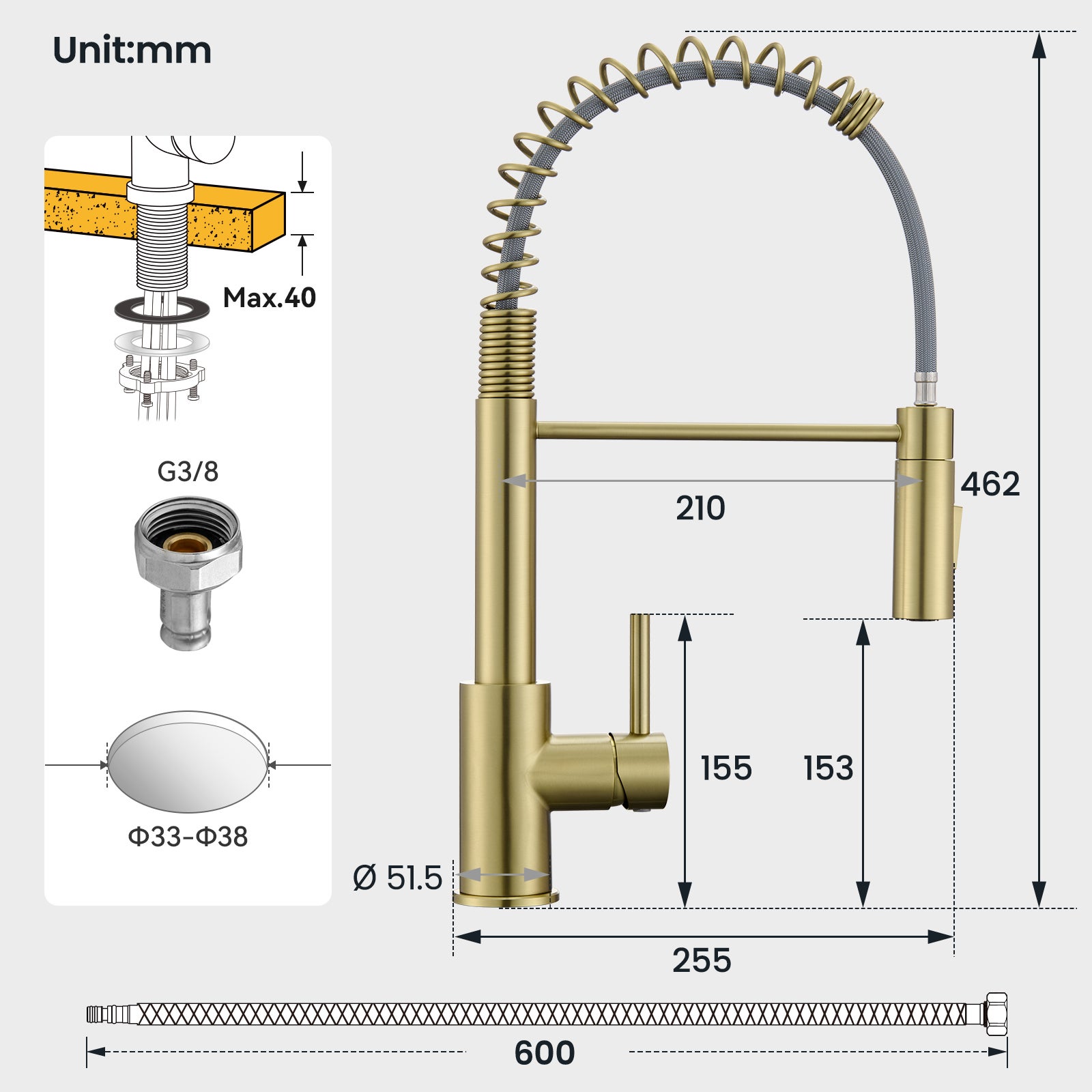 Cecipa Max Robinet Cuisine avec Douchette Extractible Dore, Mitigeur Cuisine avec 2 Jets, Robinet évier avec douchette - 6
