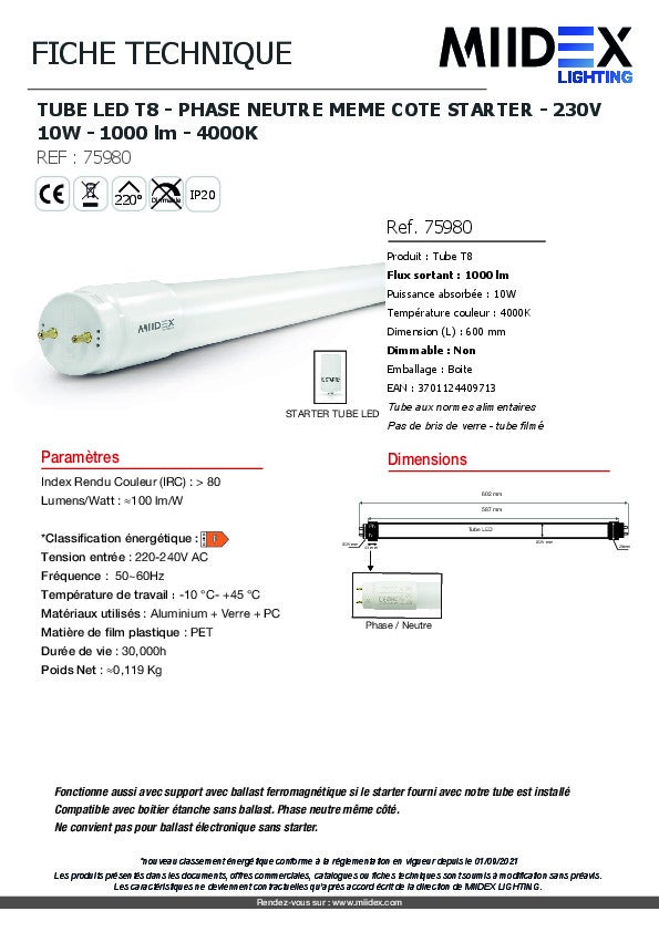 Tube LED T8 600mm - 10W - 4000K - Blanc neutre - Starter inclus - 8