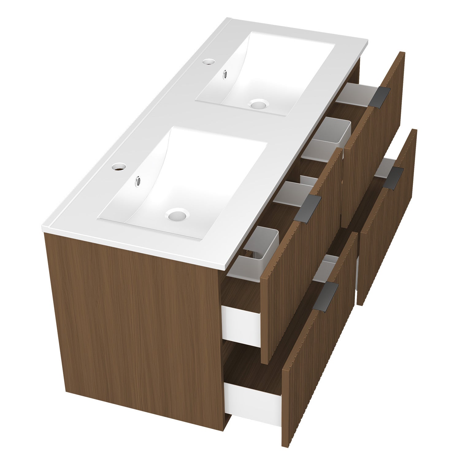 AICA Meuble de salle de bain mural 120 cm Noyer - 4 tiroirs + Lavabo double en céramique - 2
