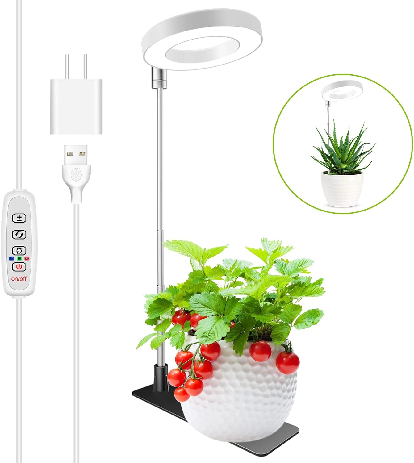 Biała lampa do uprawy roślin z teleskopowym drążkiem 16-65 cm 1 z zasilaczem, ciepłe białe światło, ustawienie timera