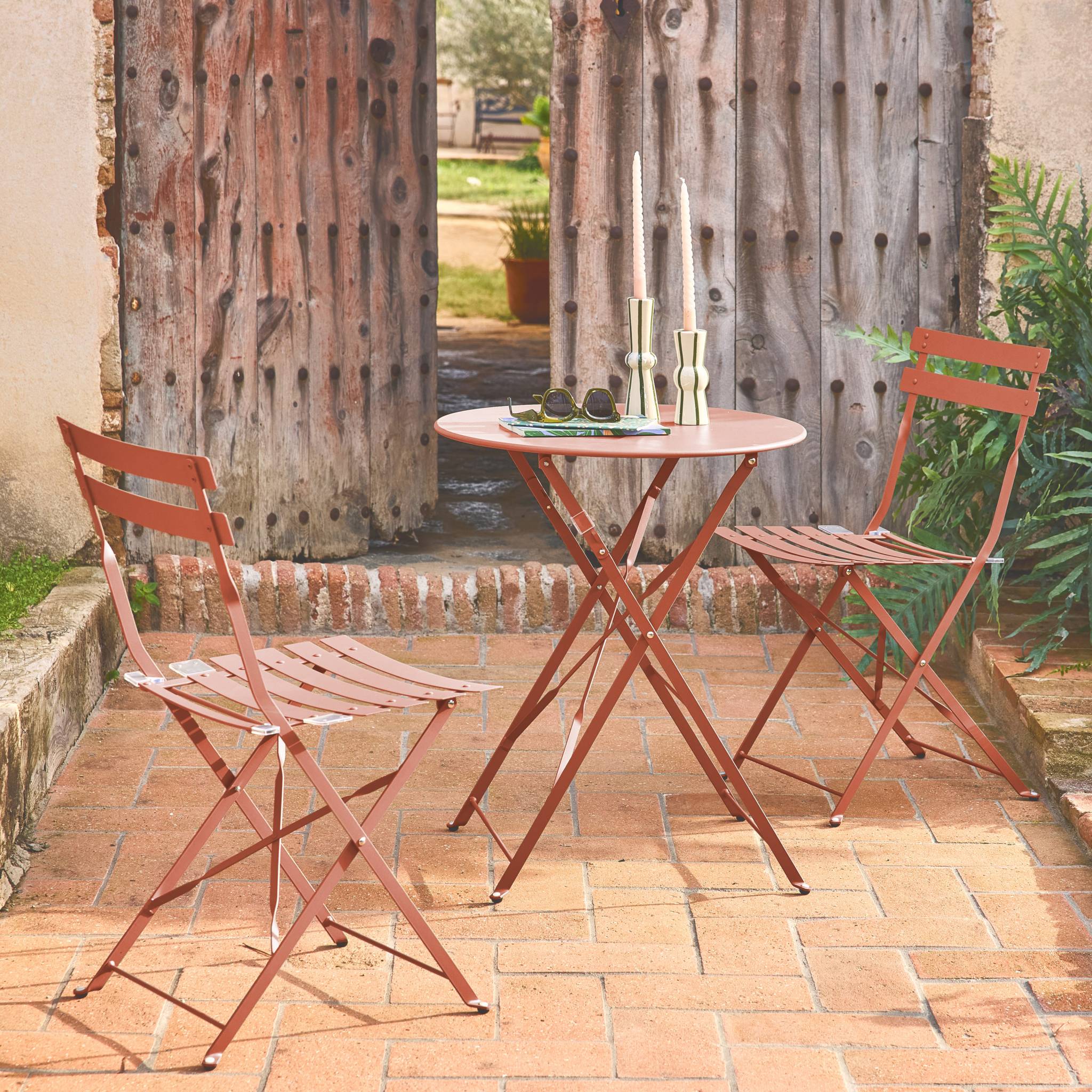 Table de jardin bistrot pliante métal + 2 assises terracotta Ø60 x 70cm. acier thermolaqué EMILIA - 2