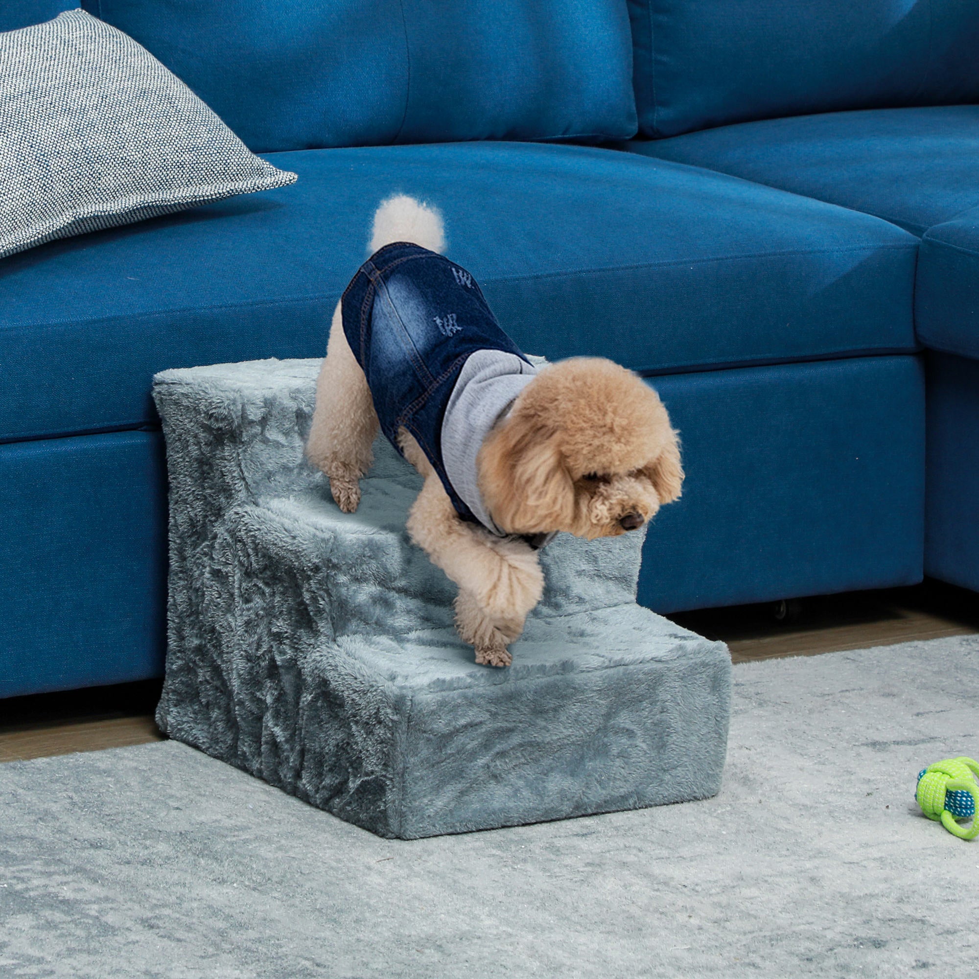 Escalera para Mascotas PawHut Melamina de Madera, Terciopelo Gris Claro 46x35x35 cm - 2