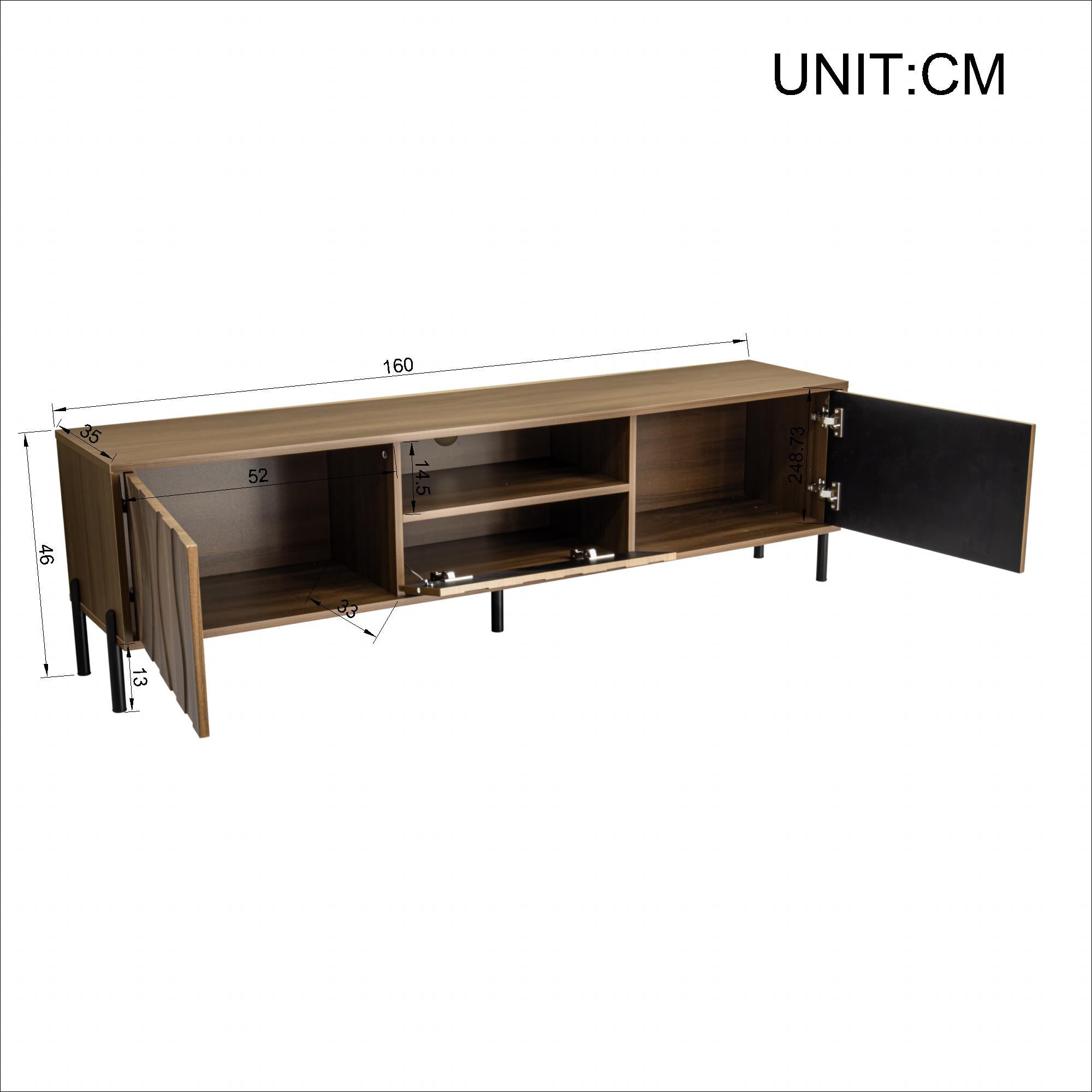 Meble pod TV 160x35x46cm - z 3 frontami - z otwartą przestrzenią do przechowywania - Nogi żelazne - MDF - Kolor naturalny - 5