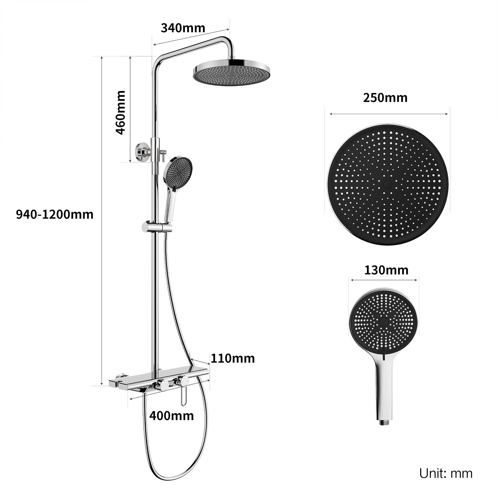 Columna de Ducha Cromada con Estante de 40 cm, Ducha de Mano con 5 Modos, Efecto Cascada y Almacenaje Práctico - 7