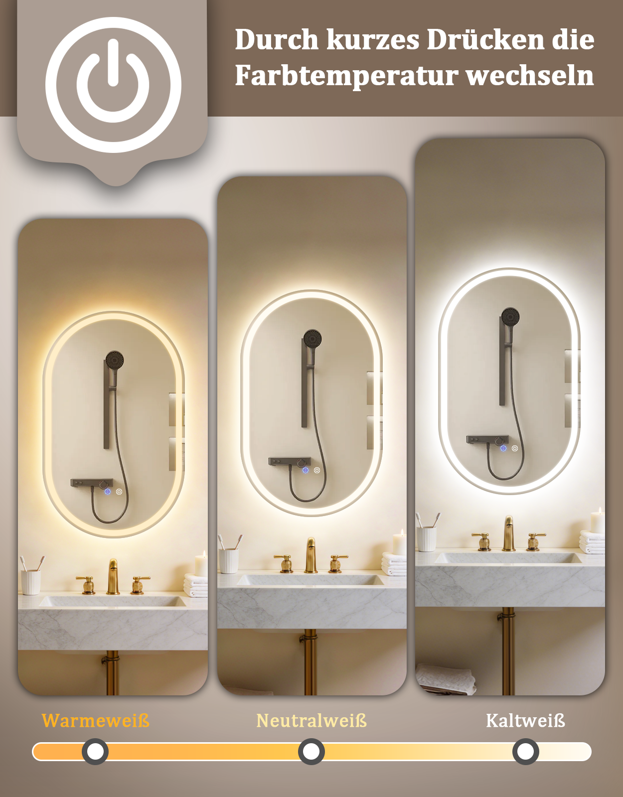 ZMH Lustro łazienkowe Owialne LED 50x80 cm na ścianę dotykowe przeciwmgielne IP44 regulowane 3000K-6500K - 2