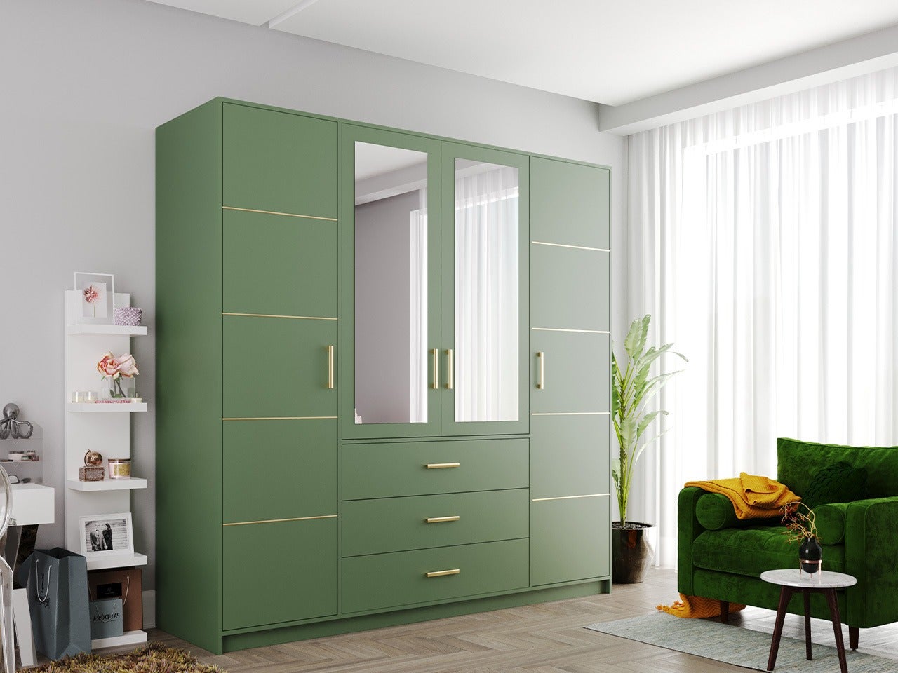 Armoire Rosa I, Vert, 200x196x58cm, Portes d'armoire: Avec des charnières, Nombre d'étagères: 8.00 - 2