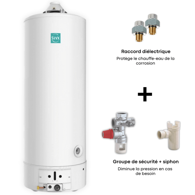 Pack accumulateur gaz Styx cheminée 195 L + raccord diélectrique + groupe sécurité + siphon