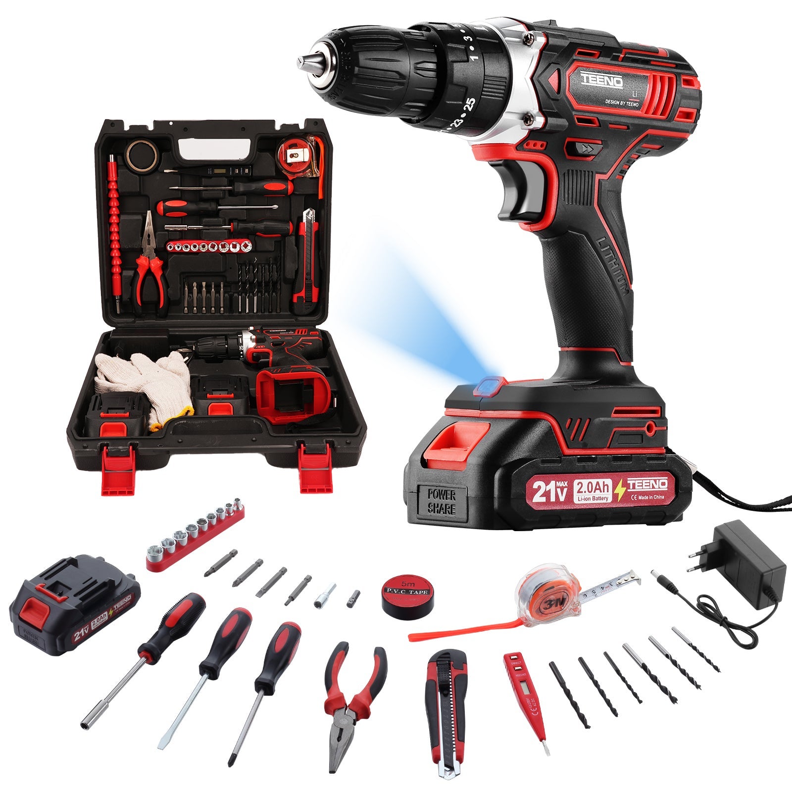 TEENO Perceuse Visseuse Sans Fil 21V Pour Batterie Makita 2x2.0Ah Batteries,45 Nm Visseuse Devisseuse Sans Fil,25+1 Réglages de Couple,2 Vitesses,46 - 5