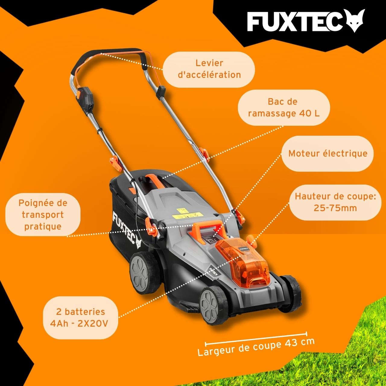 Tondeuse à Gazon Sans Fil 40V FUXTEC FX-E2RM43 – Largeur 43 cm, 2 Batteries 4Ah, Double Chargeur, Bac 40L - 6