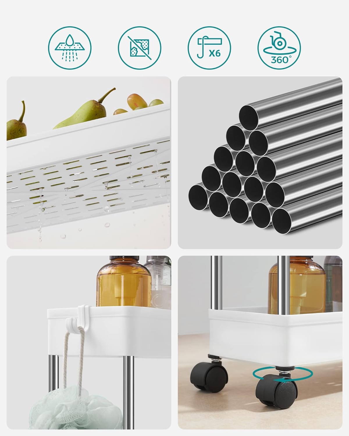Desserte à roulettes, Chariot de Rangement, Étagère Roulante, 4 Niveaux, Gain de Place, pour Salle de Bain, Cuisine, Bureau, 40 x 13,5 x 86 cm, Blanc - 4
