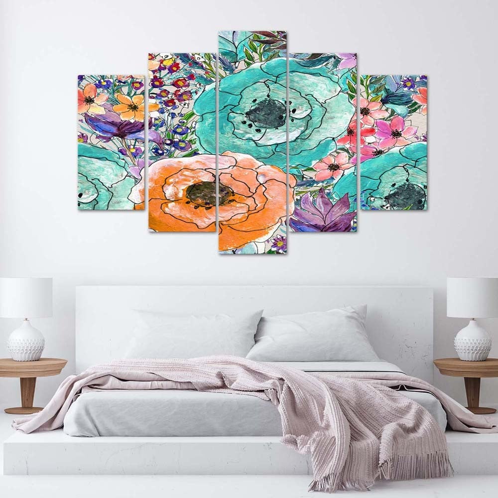 Stampa Su Tela Floreale Colorata 40x40 Cm - Quadro Moderno 4 Pezzi Per Soggiorno, Camera Da Letto O Ufficio
