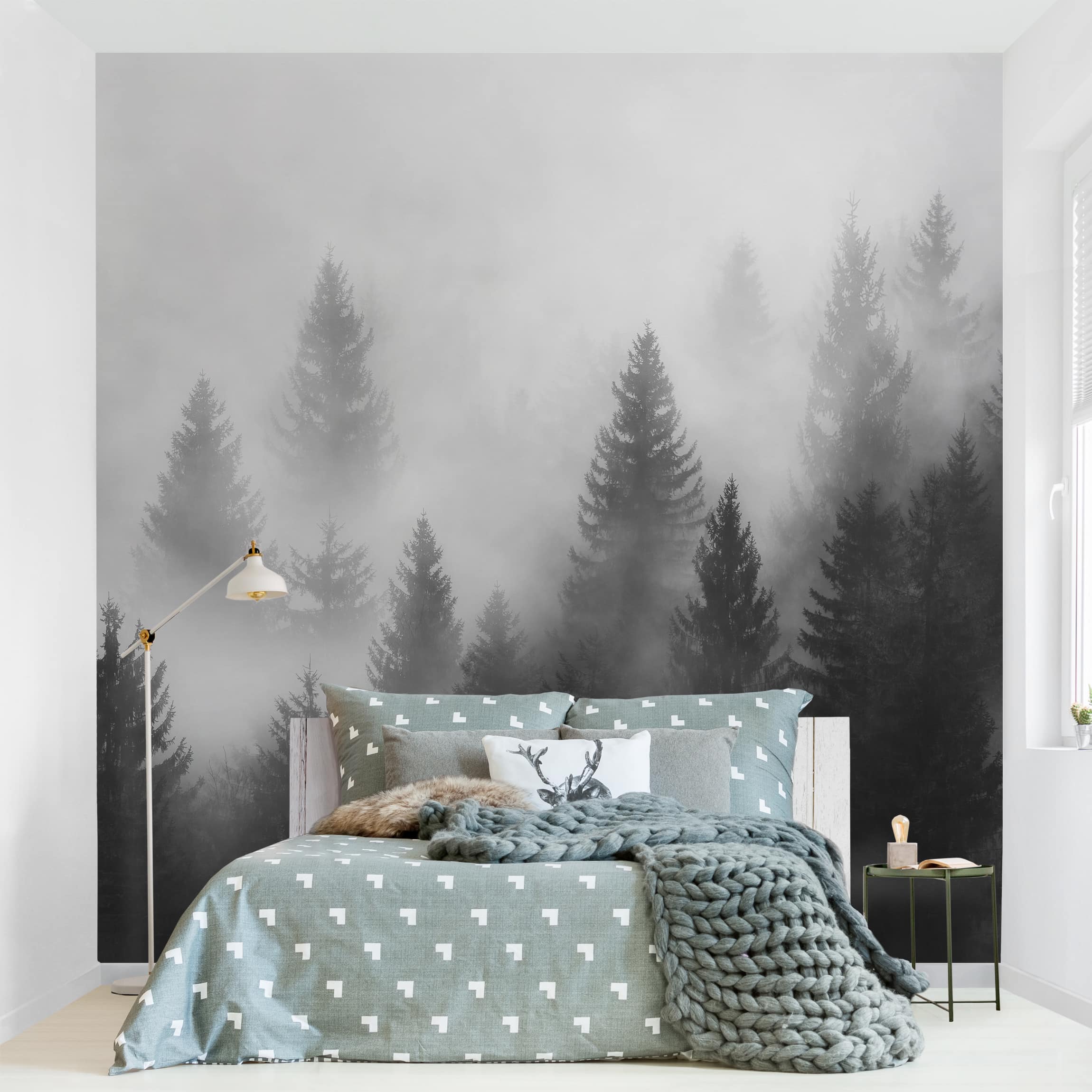 Papel pintado fotomural naturaleza bosque de coníferas en la niebla 230 - salón dormitorio cocina - tnt 192 x 192 cm premium