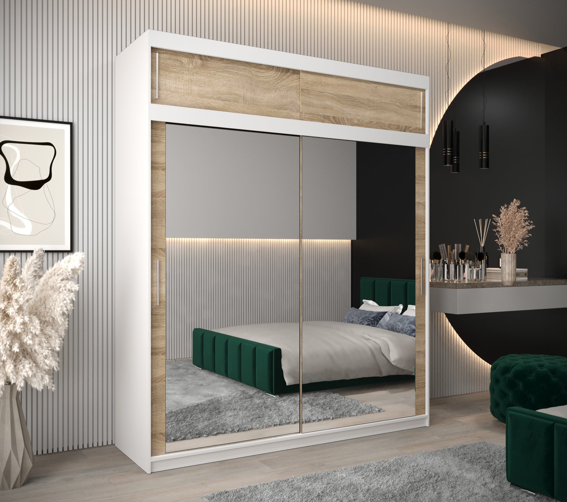 Szafa przesuwna z nadstawką garderoba TOKYO 3 200 x 62 x 240 cm Biały + Sonoma - Abiks Meble