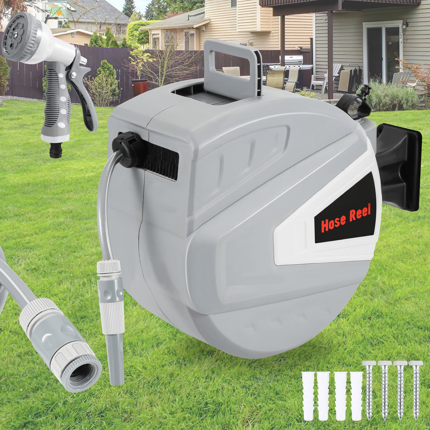 Enrouleur De Tuyau 20+2m Pression 8 Bar avec Pistolet à Eau (9 Modes de Jet Réglables) Rétractation Automatique Pneumatique Pivotant à 180° - 8