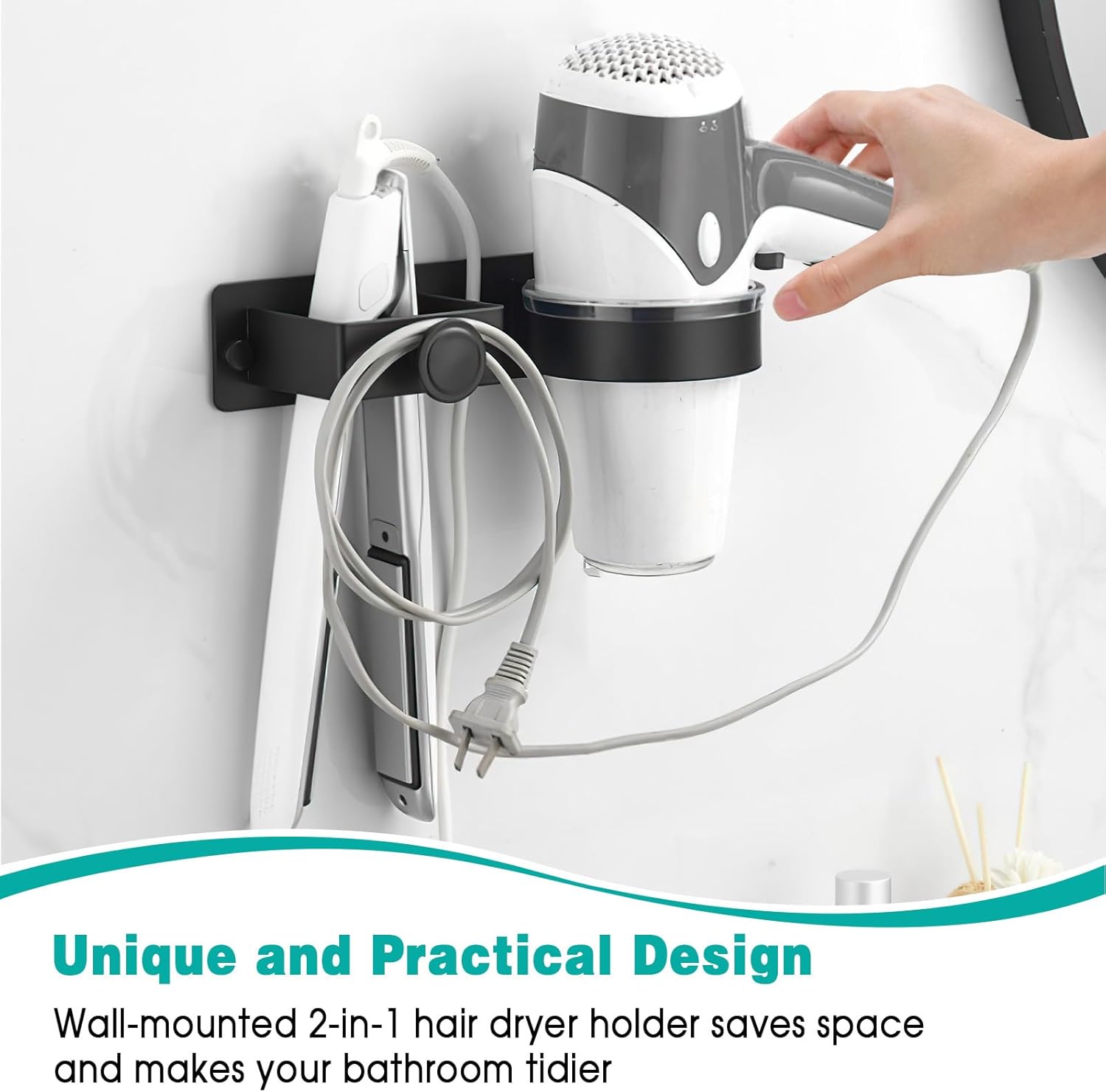 Porte Seche Cheveux et Lisseur pour Salle de Bains/Chambre à Coucher/Hôtel, Porte Seche Cheveux sans Perçage a Adhésif/Vis, Noir - 5
