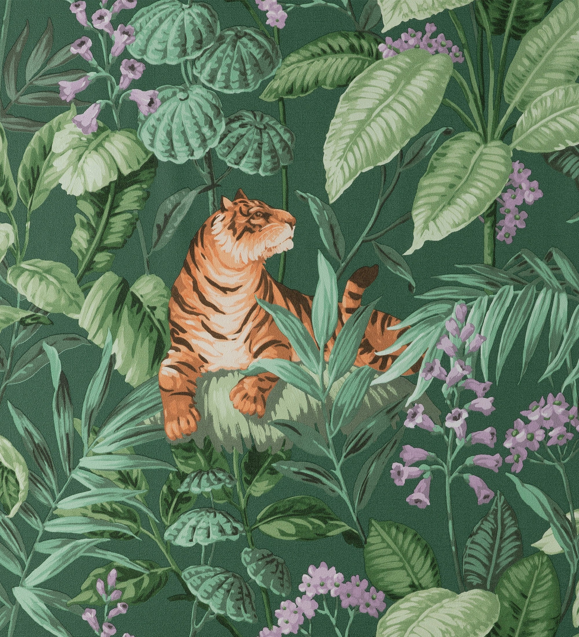 Muestra Papel Pintado Vinílico GAULAN De Tigres Y Hojas Tropicales, Blanco Relieve, A4