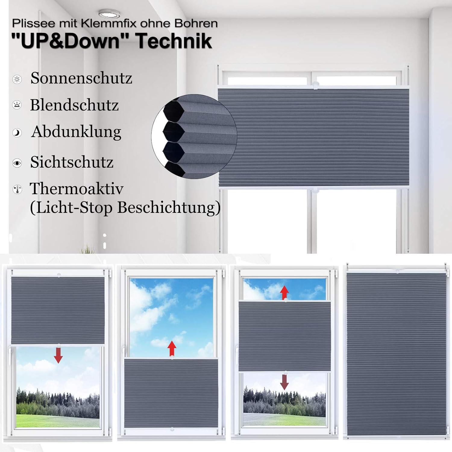 WOLTU Store plissé nid d'abeille 60x120cm sans perçage avec Porte-Pince,Store plissé antisolaire avec Feuille d'aluminium intégrée, Blanc+Bleu - 4