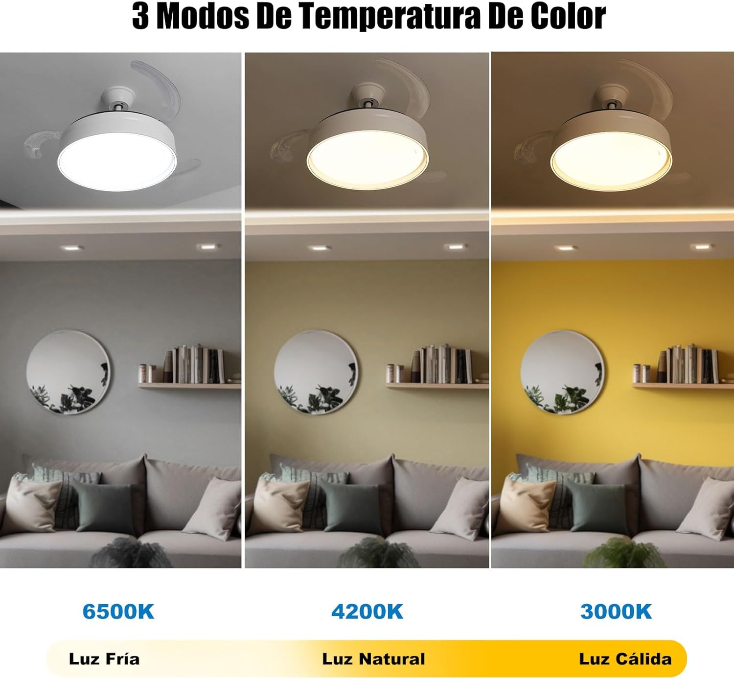 Ventilador de Techo con Luz 107cm Motor DC Ultra Silencioso 6 Velocidades 3 Colores 3000-4200-6000K, 6600LM - 5