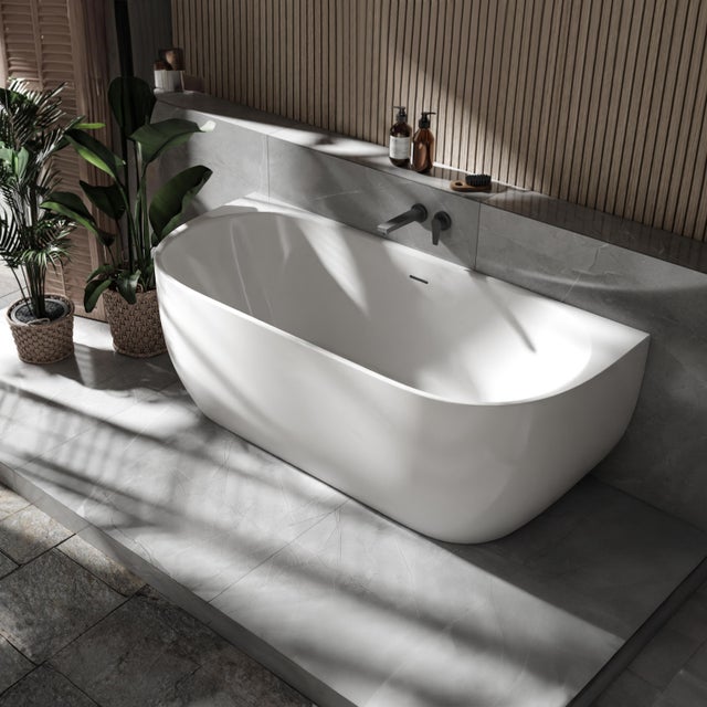 BERNSTEIN - Bañera moderna de acrílico semiindependiente de pared para baño con desagüe y rebosadero - Blanco - 170x75x60cm - LENA