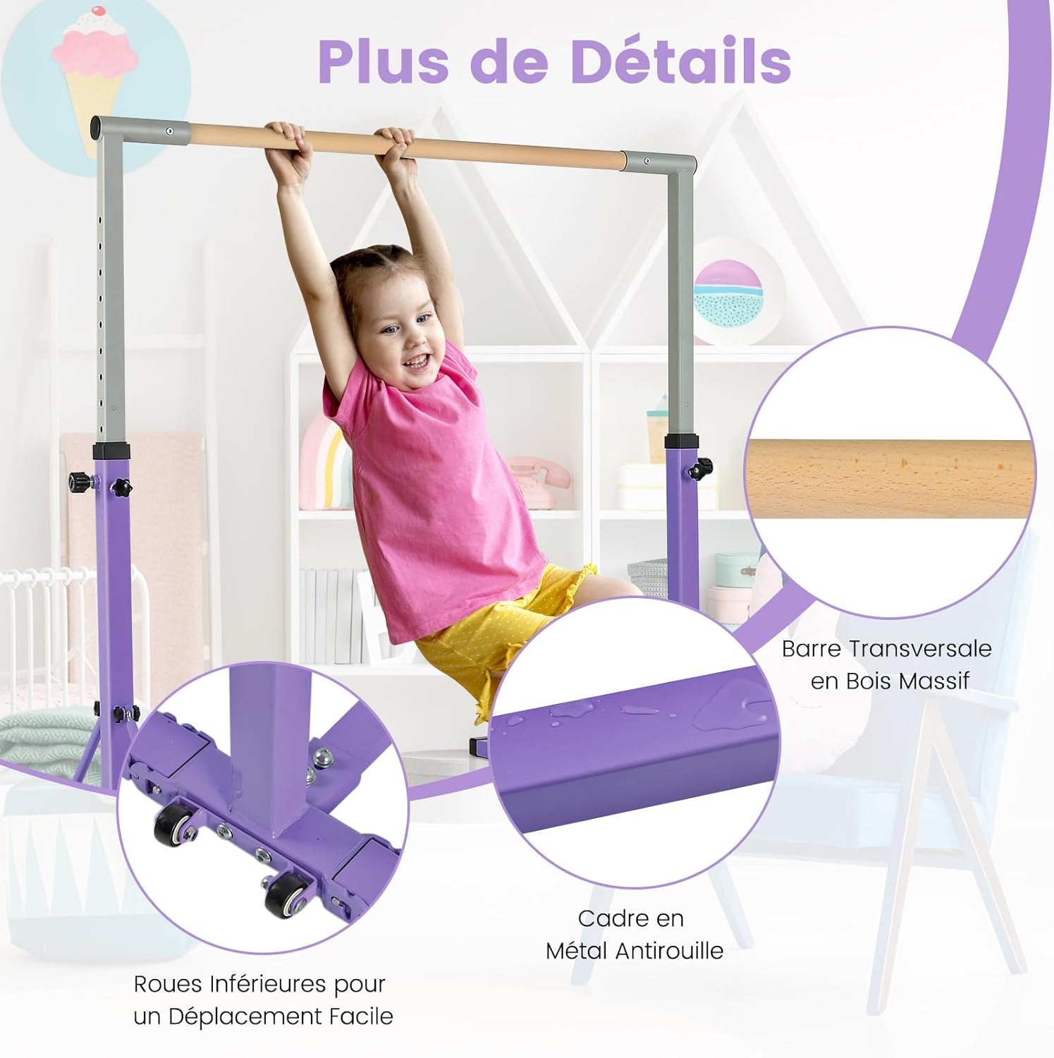 Barre de Gymnastique Pliable pour Enfants avec 13 Hauteurs Réglables (90-150cm), Barre d'Entraînement Extensible (Violet) - 4